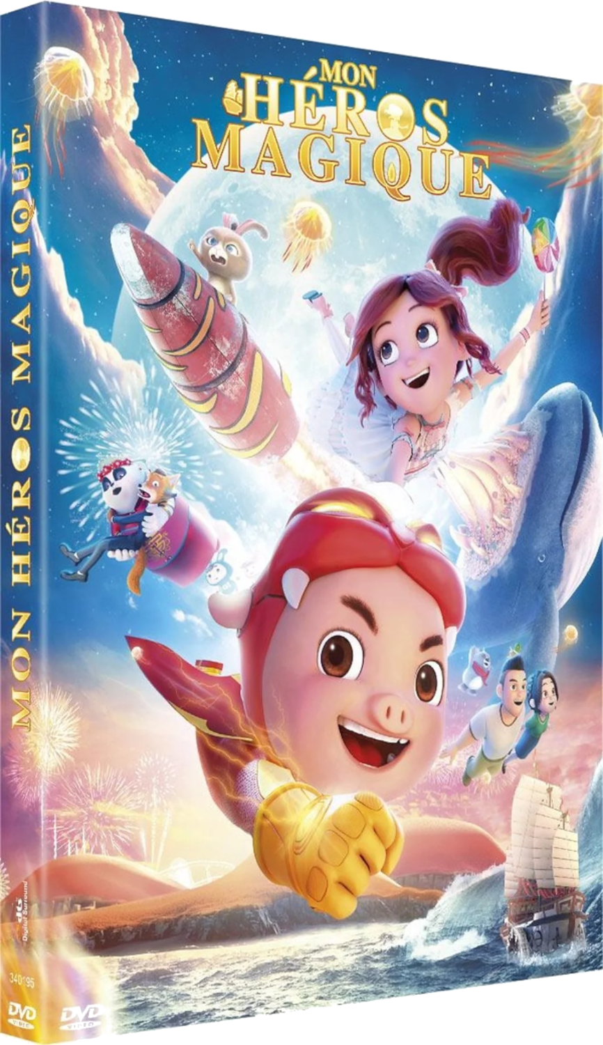 Couverture de film d'animation. Un garçon avec une cape rouge, des personnages sur une fusée et une baleine, et un bateau sur l'eau.
