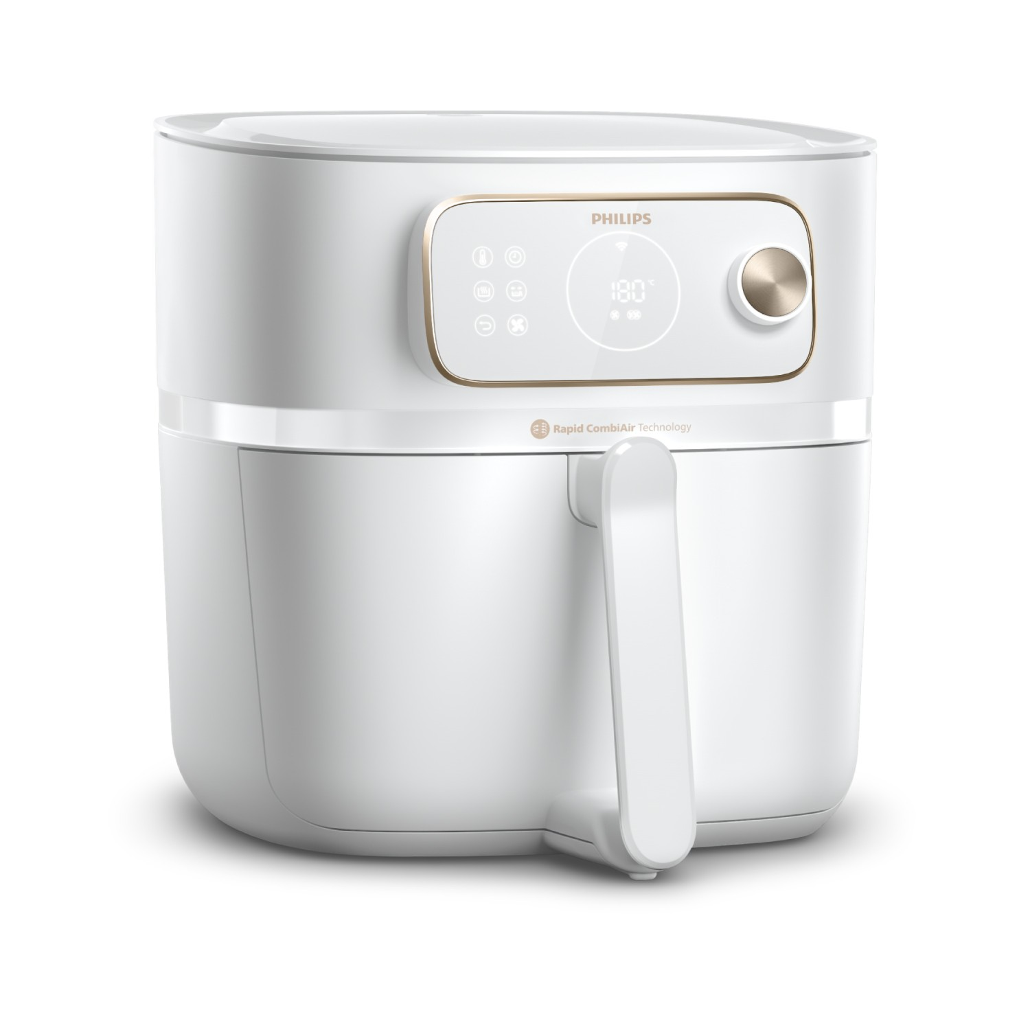 Biała frytkownica Philips. Ma uchwyt z boku, panel sterowania z wyświetlaczem cyfrowym i złoty akcent.