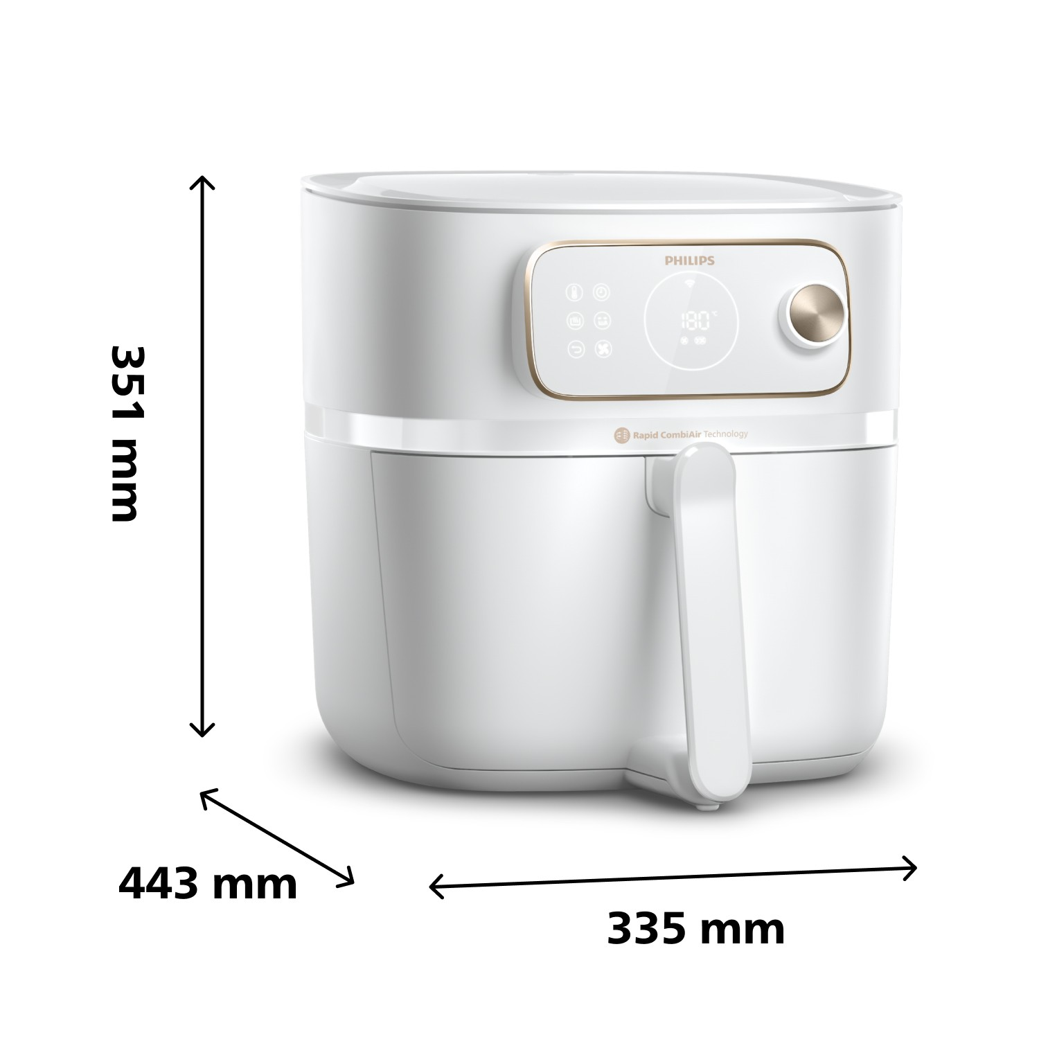 Biała frytkownica beztłuszczowa Philips z cyfrowym wyświetlaczem pokazującym 180 stopni. Wymiary: 351 mm wysokości, 443 mm szerokości, 335 mm głębokości.