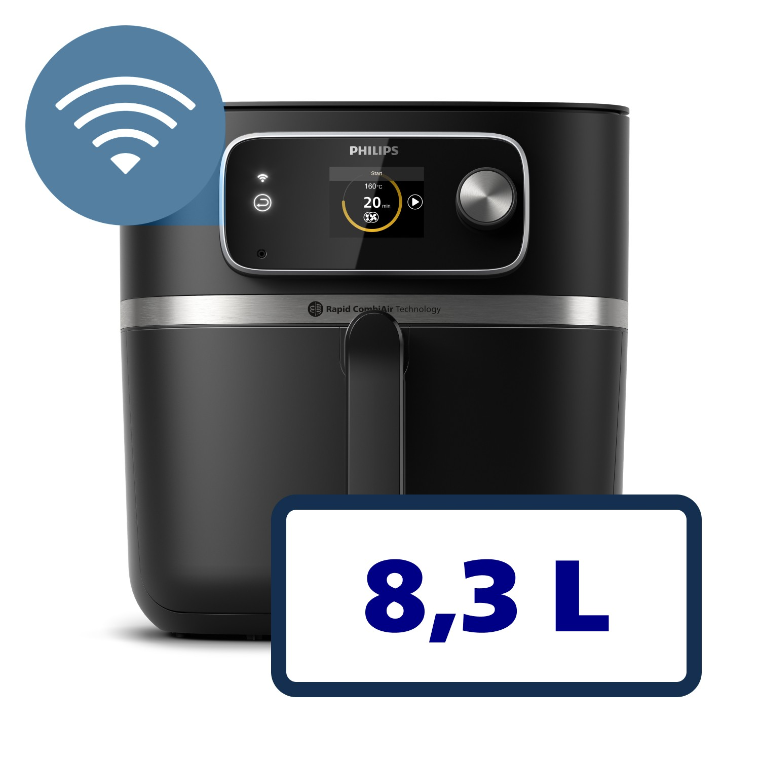 Czarna frytkownica Philips z cyfrowym wyświetlaczem pokazującym czas i temperaturę gotowania. Widoczna ikona Wi-Fi. Na dole napis 8,3 L.