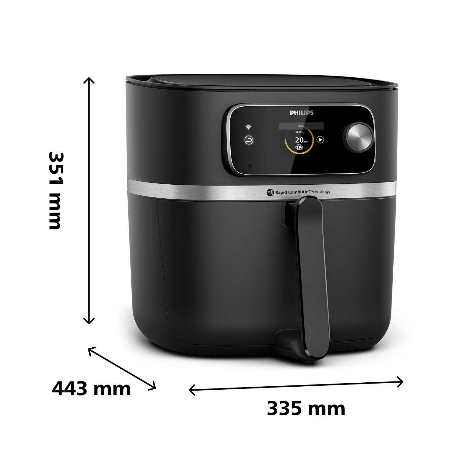 Czarna frytkownica powietrzna Philips z wymiarami. Posiada cyfrowy wyświetlacz. Wymiary to 351 mm (wysokość), 443 mm (szerokość) i 335 mm (głębokość).