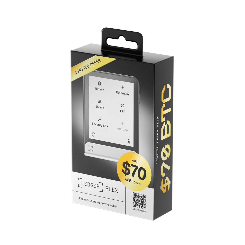 Una caja Ledger Flex con una pantalla que muestra opciones de criptomonedas. Tiene una pancarta de "Oferta Limitada" y una promoción de $70 Bitcoin.