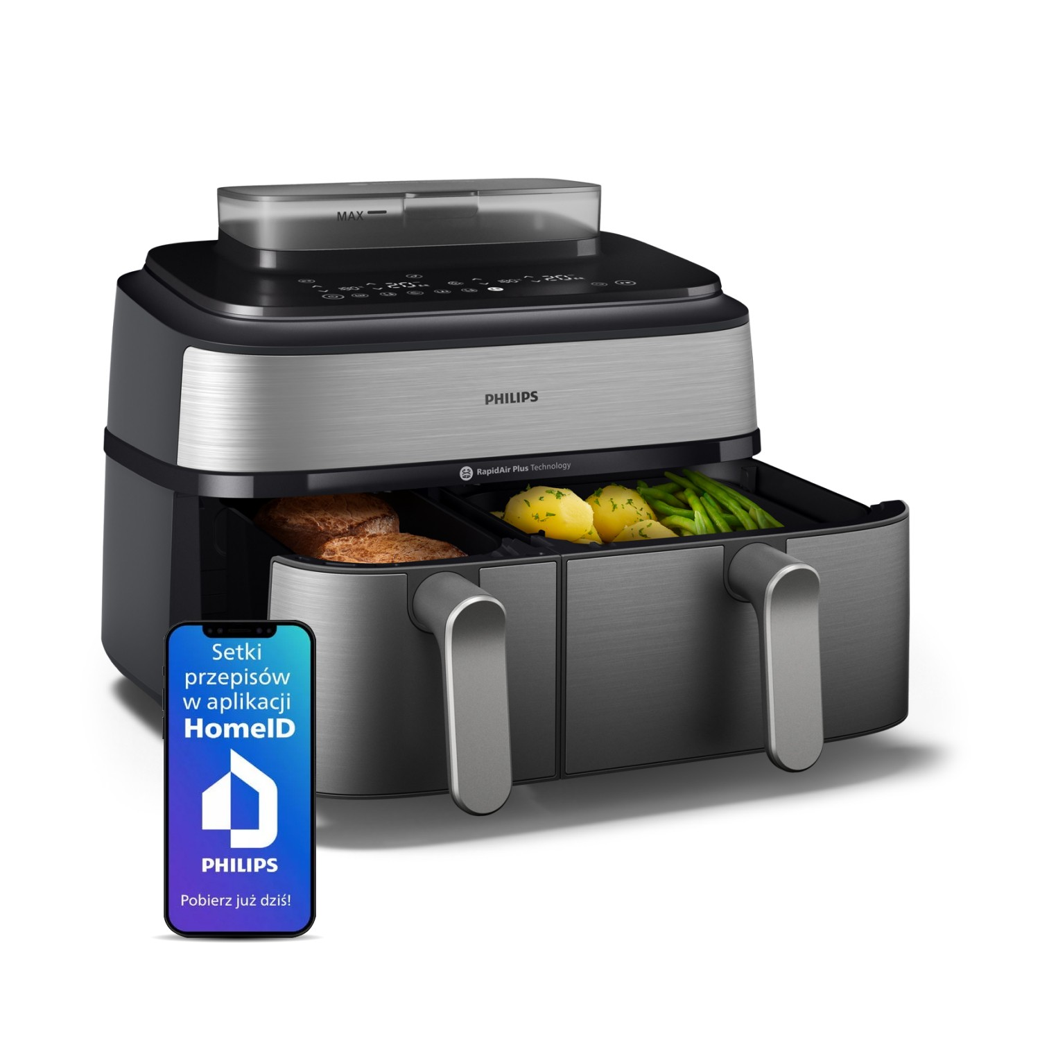 Frytkownica powietrzna Philips z jedzeniem w środku i smartfon z aplikacją. Frytkownica jest czarno-srebrna. Jedzenie obejmuje ziemniaki i fasolkę szparagową.