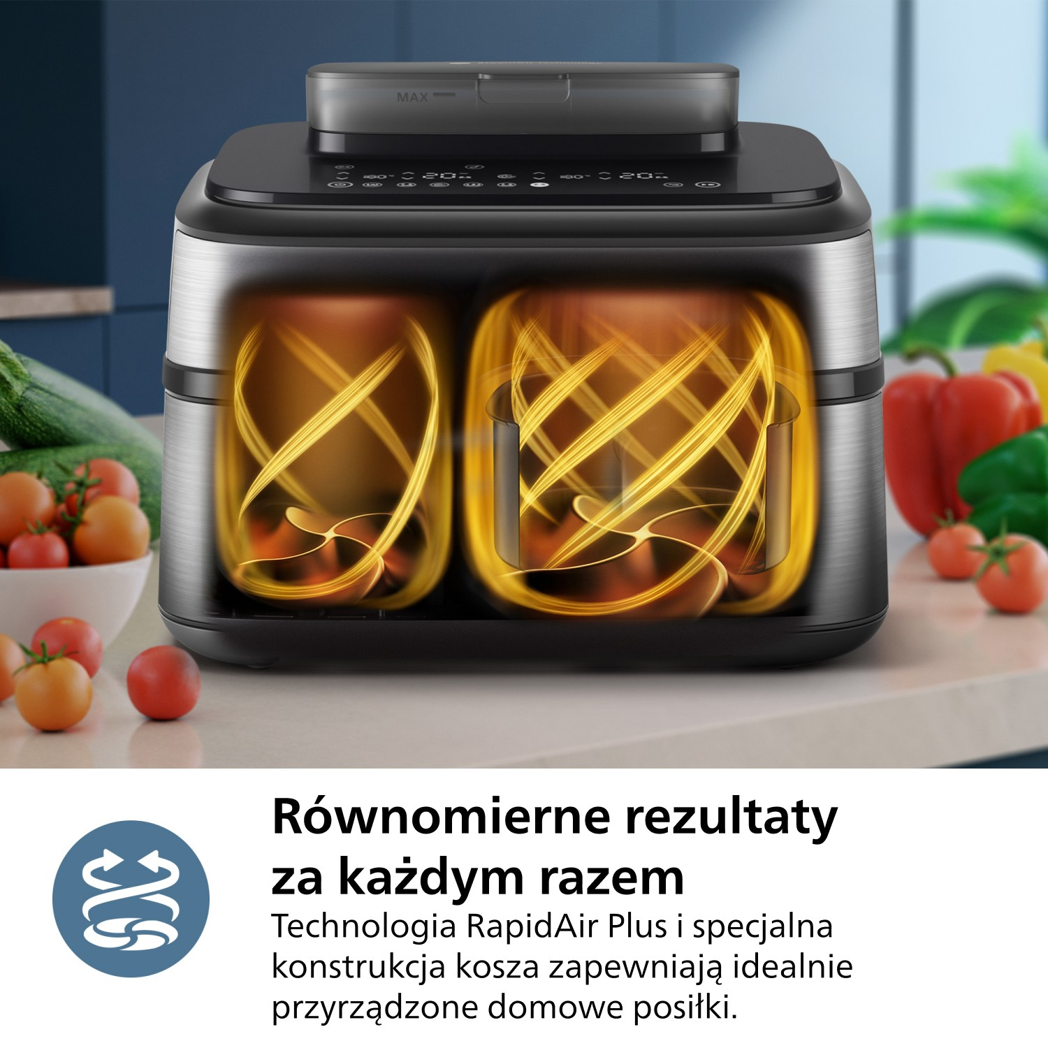 Dwukomorowa frytkownica beztłuszczowa z podświetlanym wnętrzem, warzywa w tle. Tekst: 'Równe rezultaty za każdym razem'.