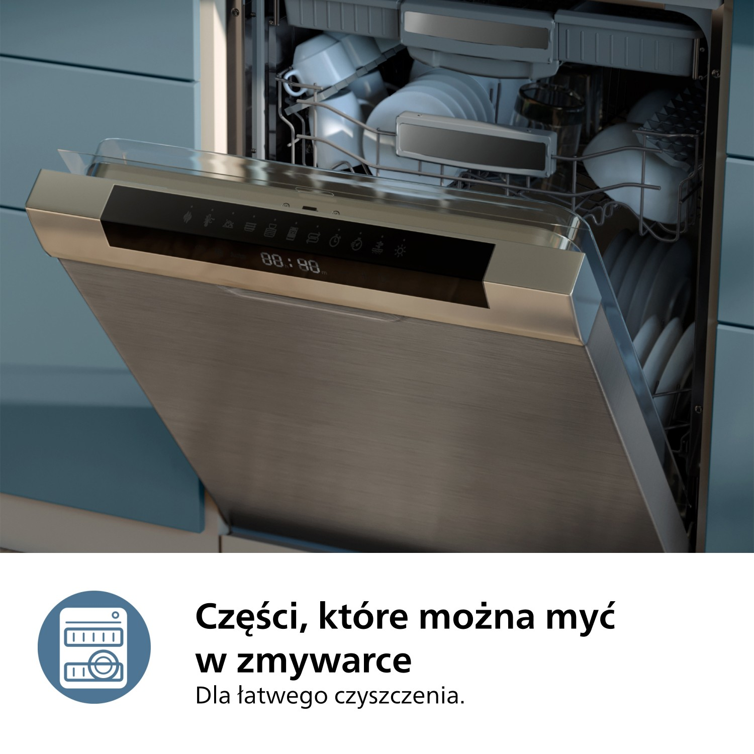 Otwarta zmywarka z naczyniami w środku. Panel sterowania pokazuje 00:00. Drzwi ze stali nierdzewnej, tło niebieskie.