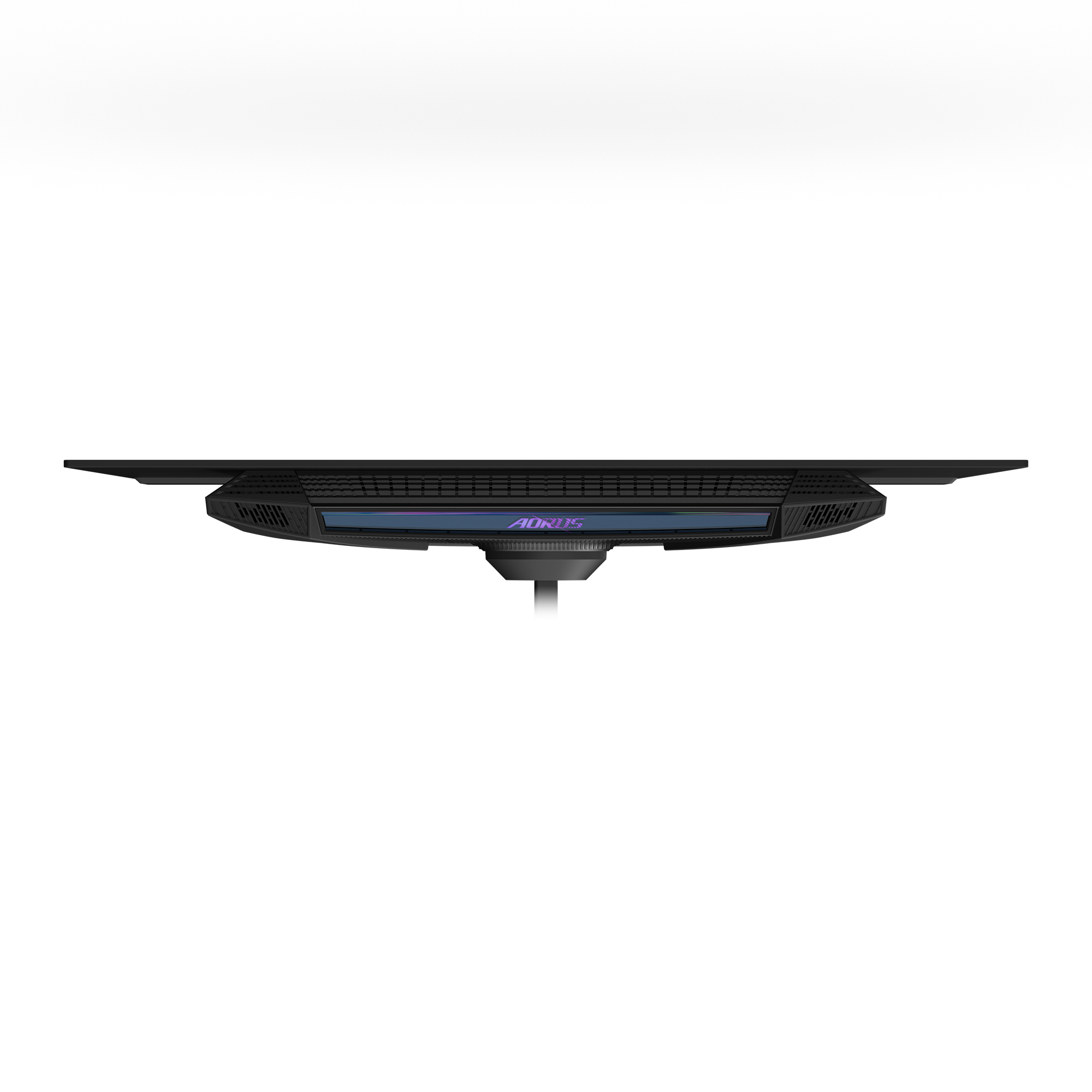 Ein schwarzer Monitor mit dem AORUS-Logo. Der Hintergrund ist schwarz. Der Monitor steht auf einer weißen Oberfläche.