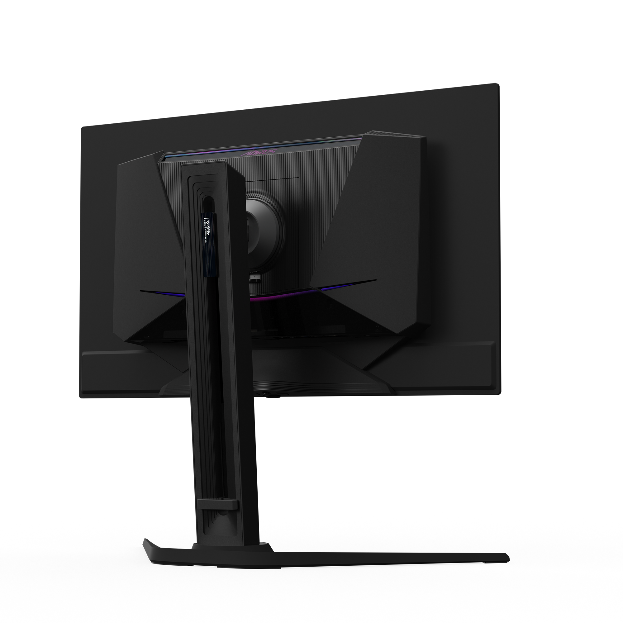 Ein schwarzer Computermonitor, angewinkelt, um die Rückseite mit einem Ständer zu zeigen. Der Ständer hat ein Display und der Monitor ein Design.