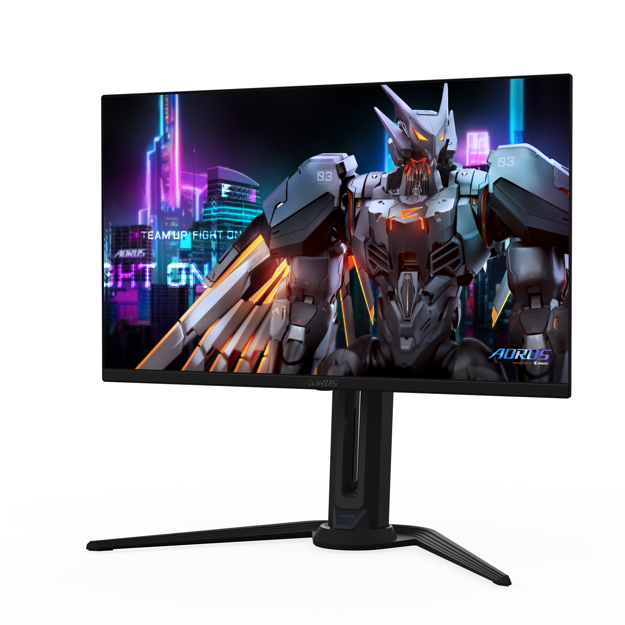 Ein Computermonitor zeigt ein Roboterbild in einer futuristischen Stadt. Der Monitor hat unten ein AORUS-Logo.