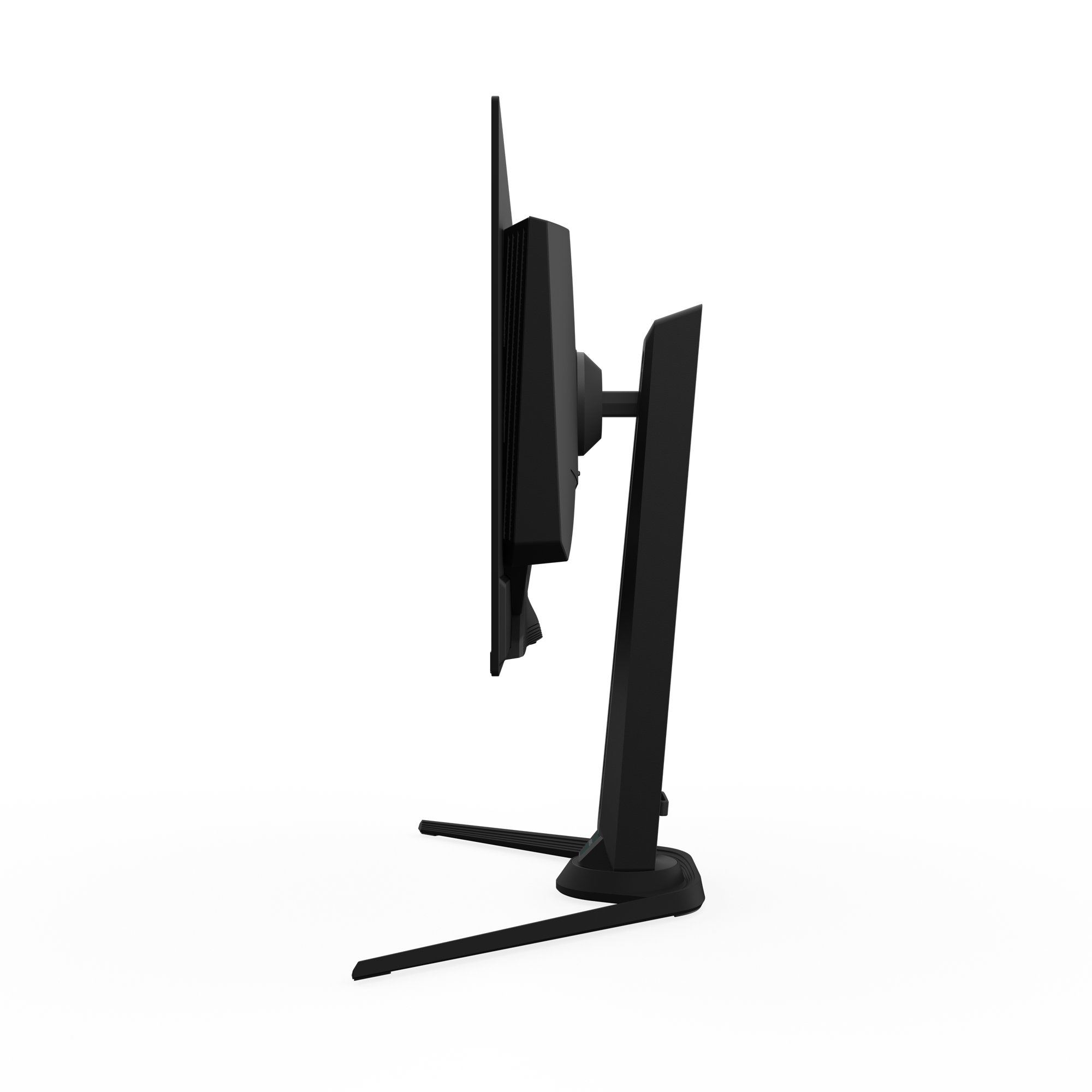 Seitenansicht eines schwarzen Computermonitors. Der Bildschirm ist dunkel. Ein Ständer stützt den Monitor, alles vor schwarzem Hintergrund.