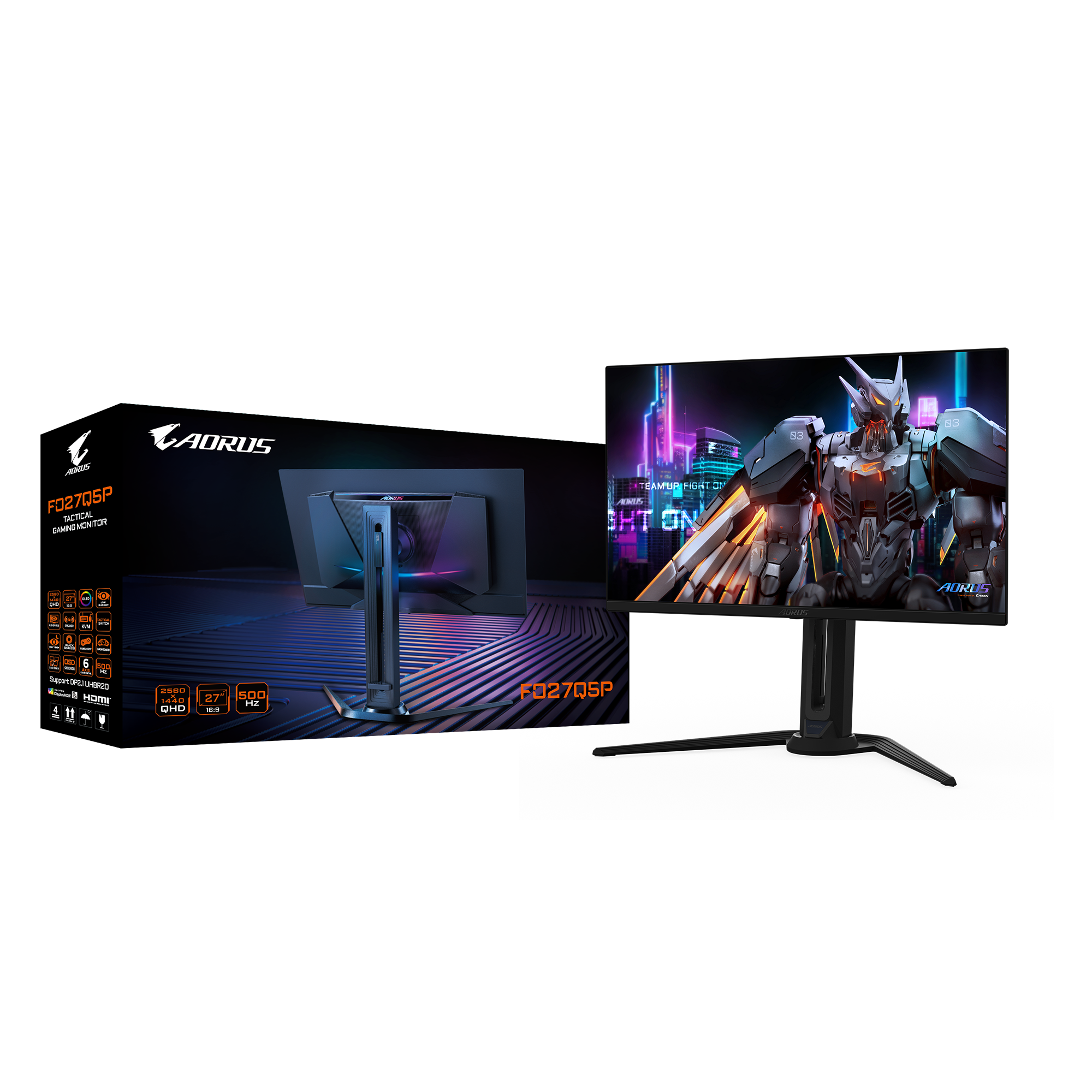 AORUS F02705P Gaming-Monitor. Merkmale: 27 Zoll, 500 Hz und QHD-Auflösung. Bild zeigt den Monitor und seine Funktionen.