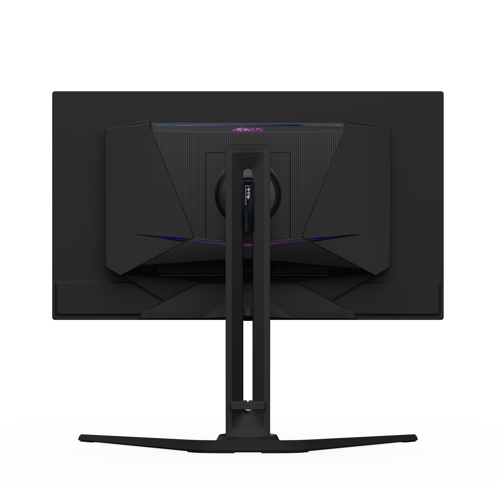 Rückseite eines schwarzen AORUS-Gaming-Monitors. Er hat einen Ständer und eine zentrale Halterung mit dem Markennamen.
