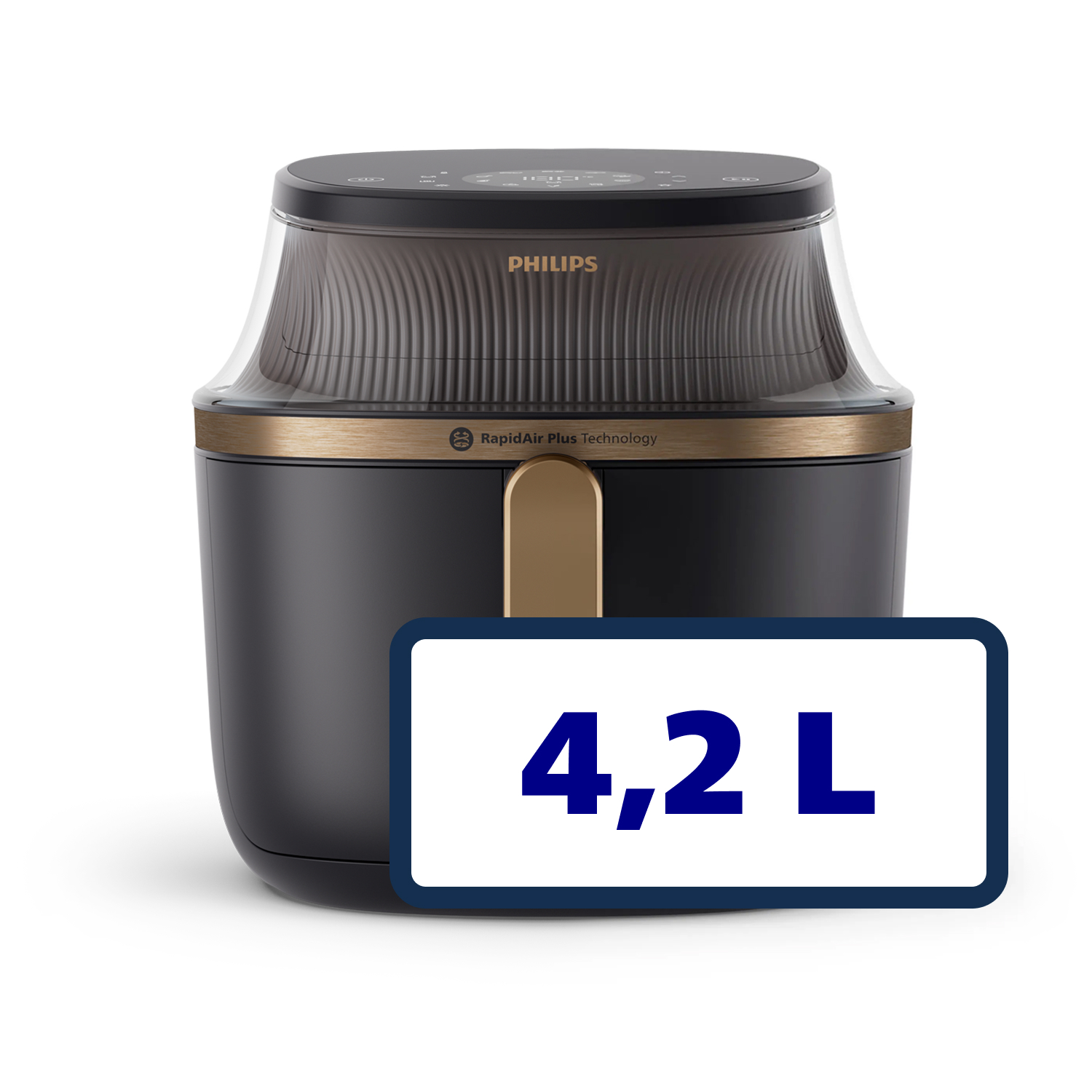 Czarna frytkownica Philips z złotymi akcentami i przezroczystym wierzchem. Znak wyświetla "4,2 L".