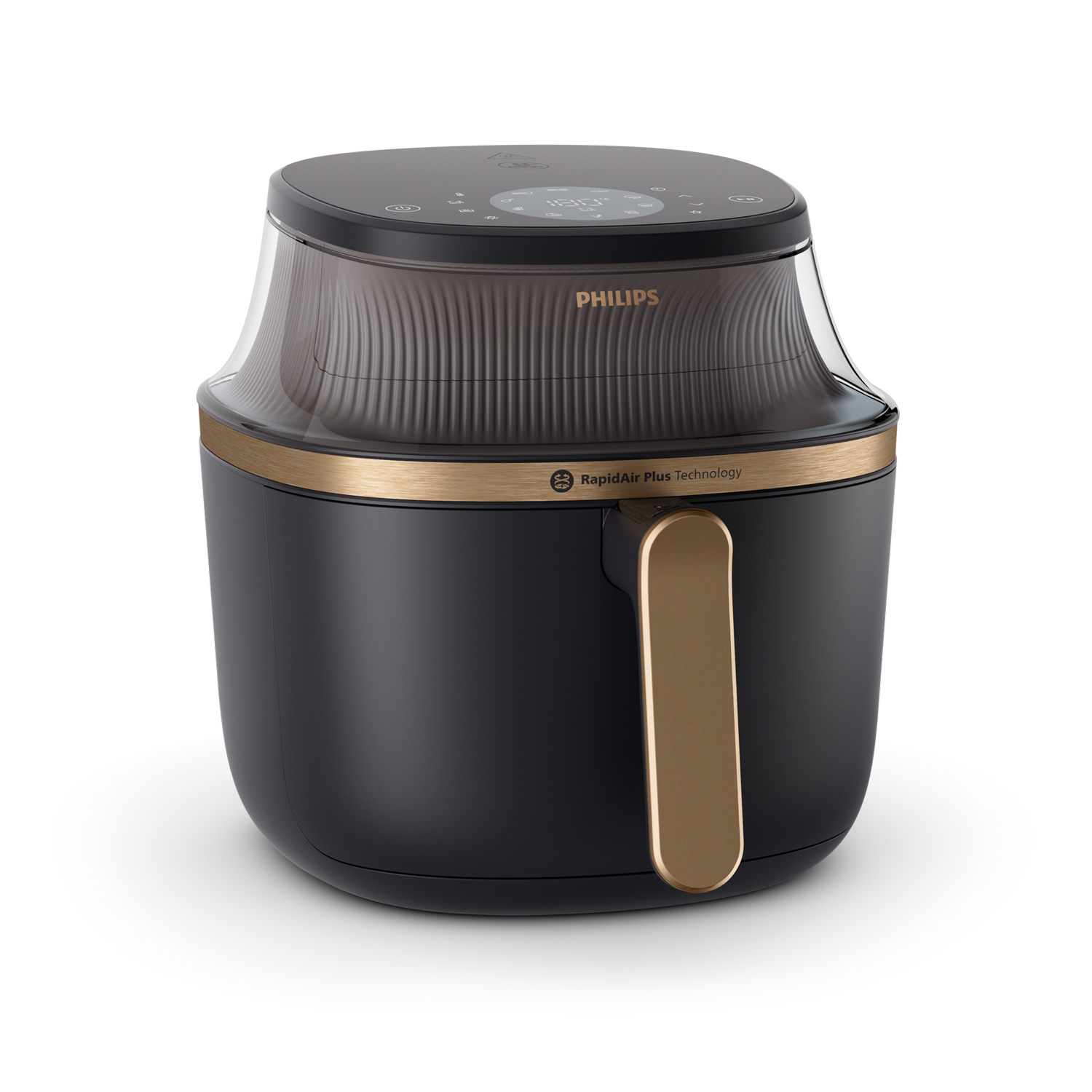 Czarna i złota frytkownica Philips Airfryer. Posiada wyświetlacz cyfrowy, uchwyt i technologię Rapid Air Plus.