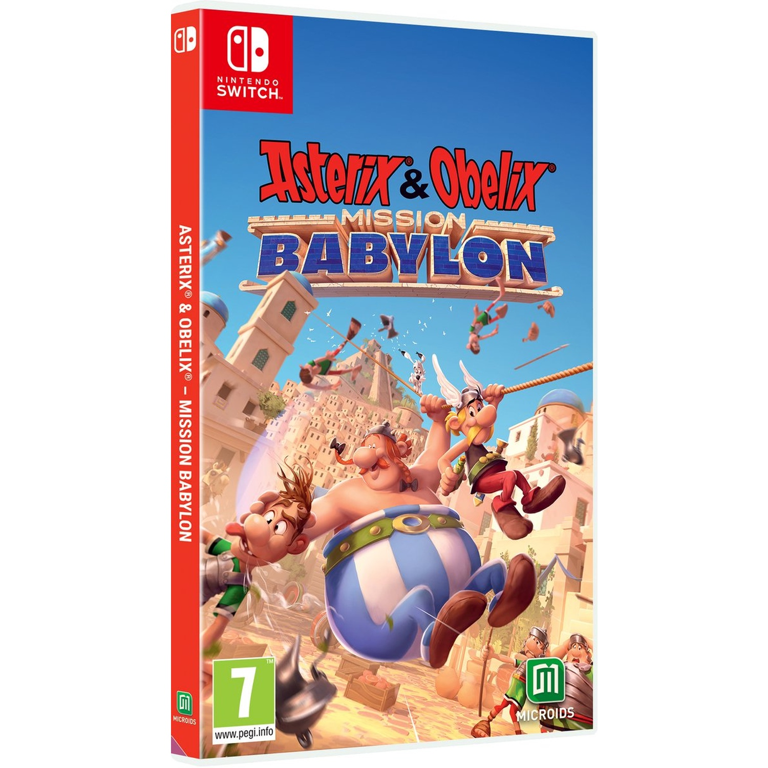 Gamecase voor Asterix & Obelix: Mission Babylon op Nintendo Switch. Met personages uit het spel. Helderblauwe lucht op de achtergrond.