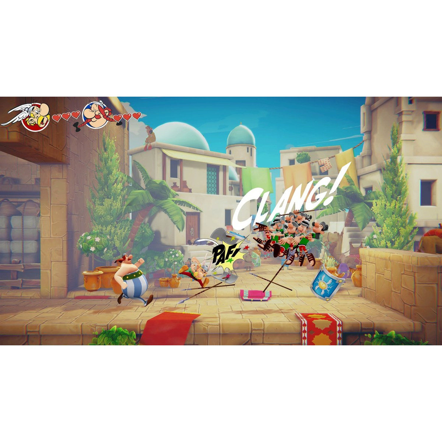 Asterix-gamescène. Asterix rent op een rode loper. Vijandelijke menigte, tekst 'CLANG!' en 'PAF!' zijn zichtbaar. Gebouwen en blauwe lucht op de achtergrond.
