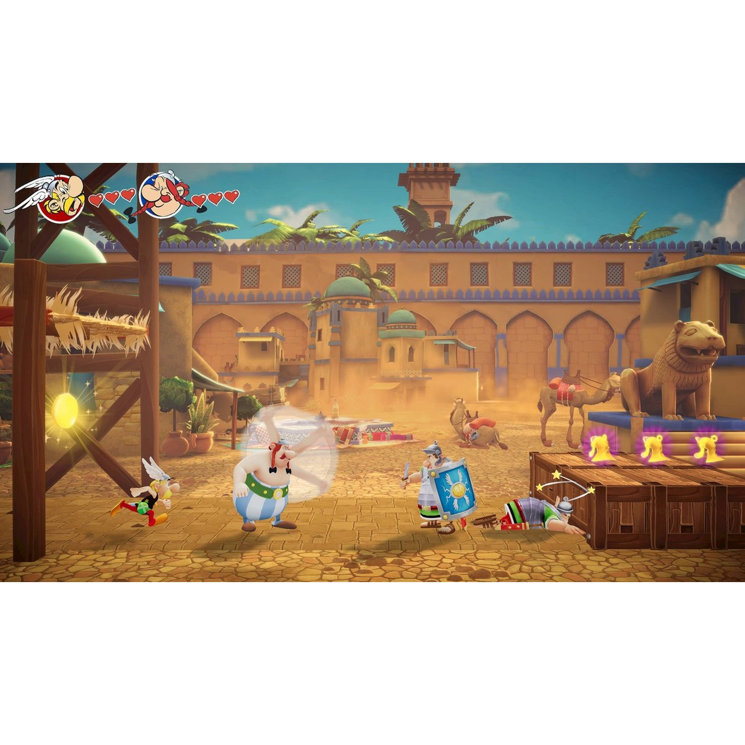 Asterix-game scene. Asterix en Obelix vechten tegen Romeinse soldaten voor een gebouw met een leeuwenstandbeeld en kamelen.