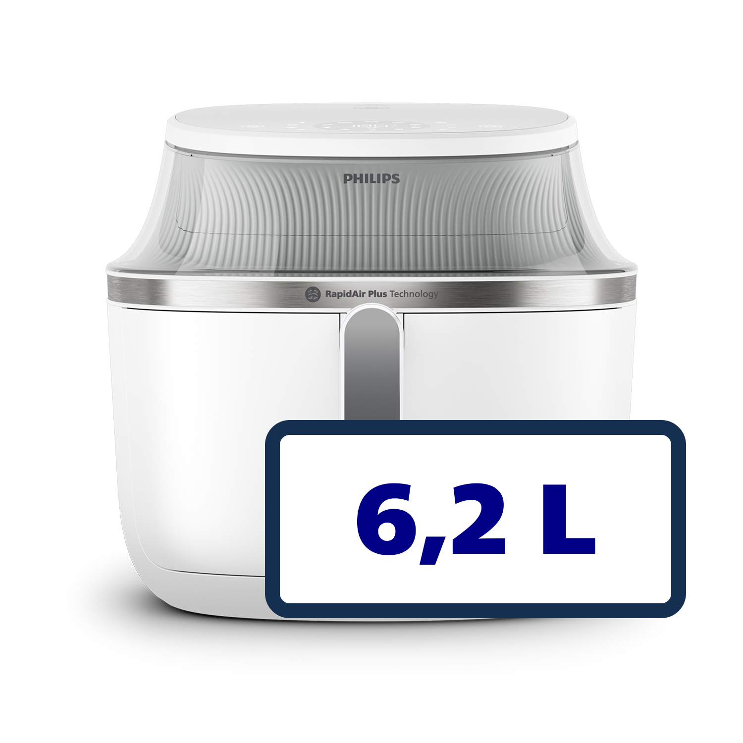Białe urządzenie Philips z przezroczystym wierzchem. Wyświetla "6,2 L" w niebieskim polu na dole. Urządzenie posiada Rapid Air Plus Technology.