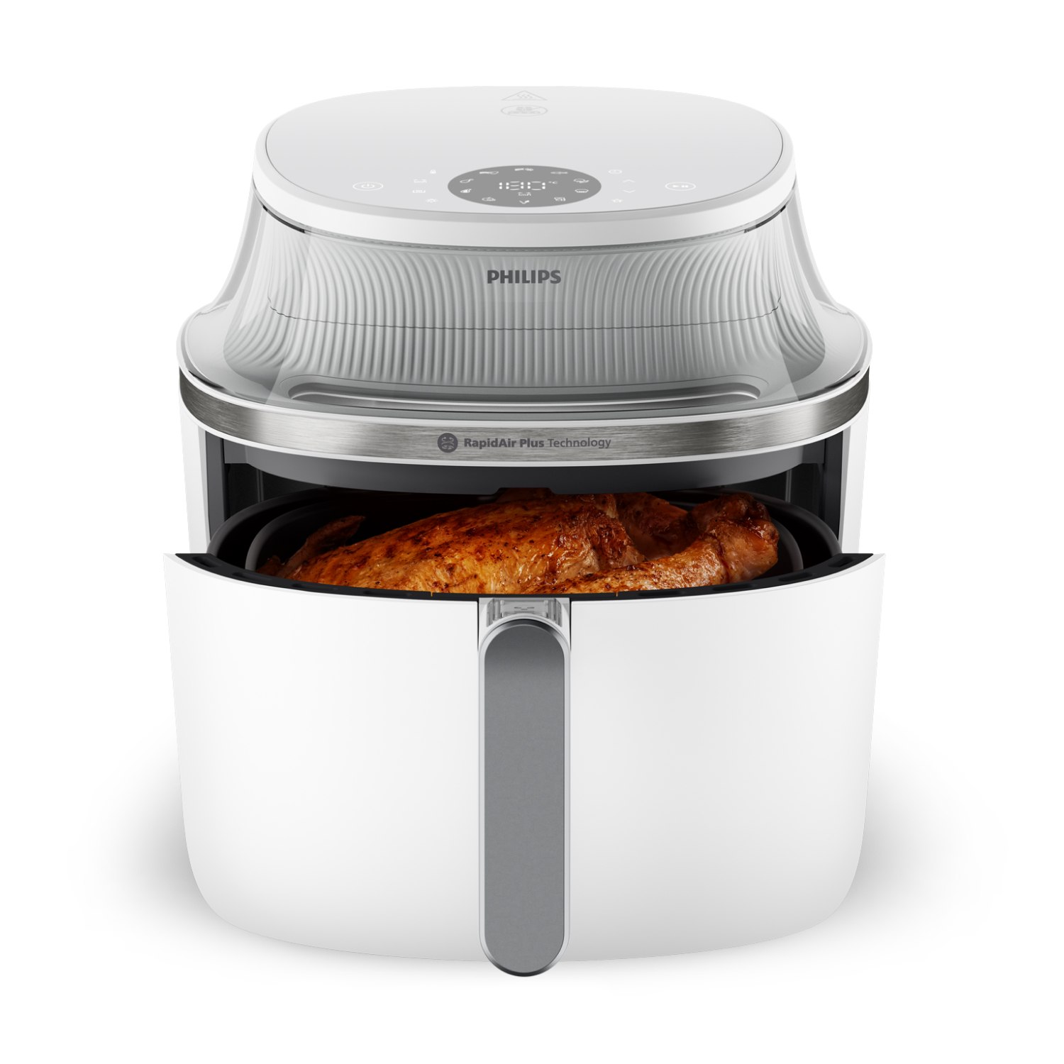 Biała frytkownica Philips z upieczonym kurczakiem w środku. Ma cyfrowy wyświetlacz i przezroczysty, zakrzywiony wierzch.
