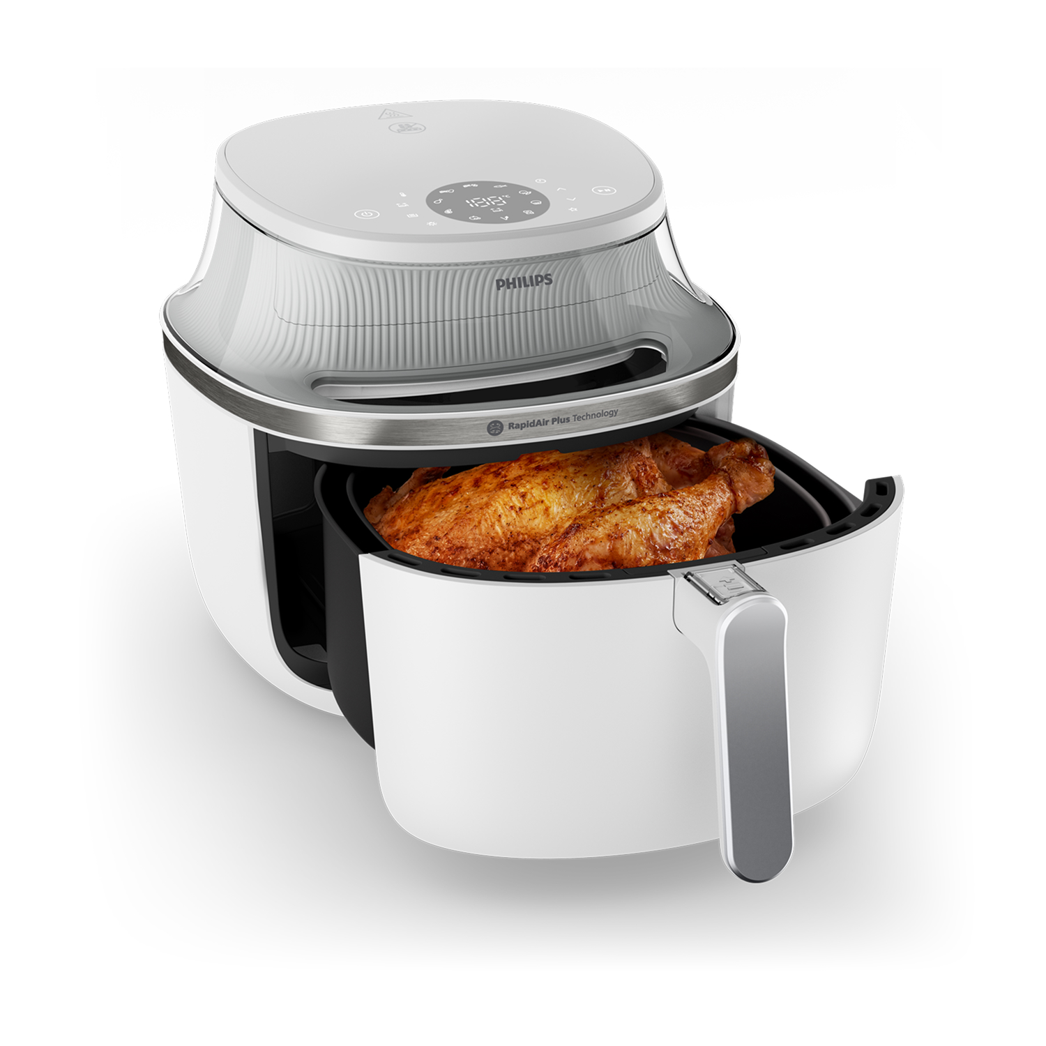 Biała frytkownica powietrzna Philips z ugotowanym kurczakiem. Frytkownica jest otwarta, pokazując jedzenie w środku. Tło jest białe.