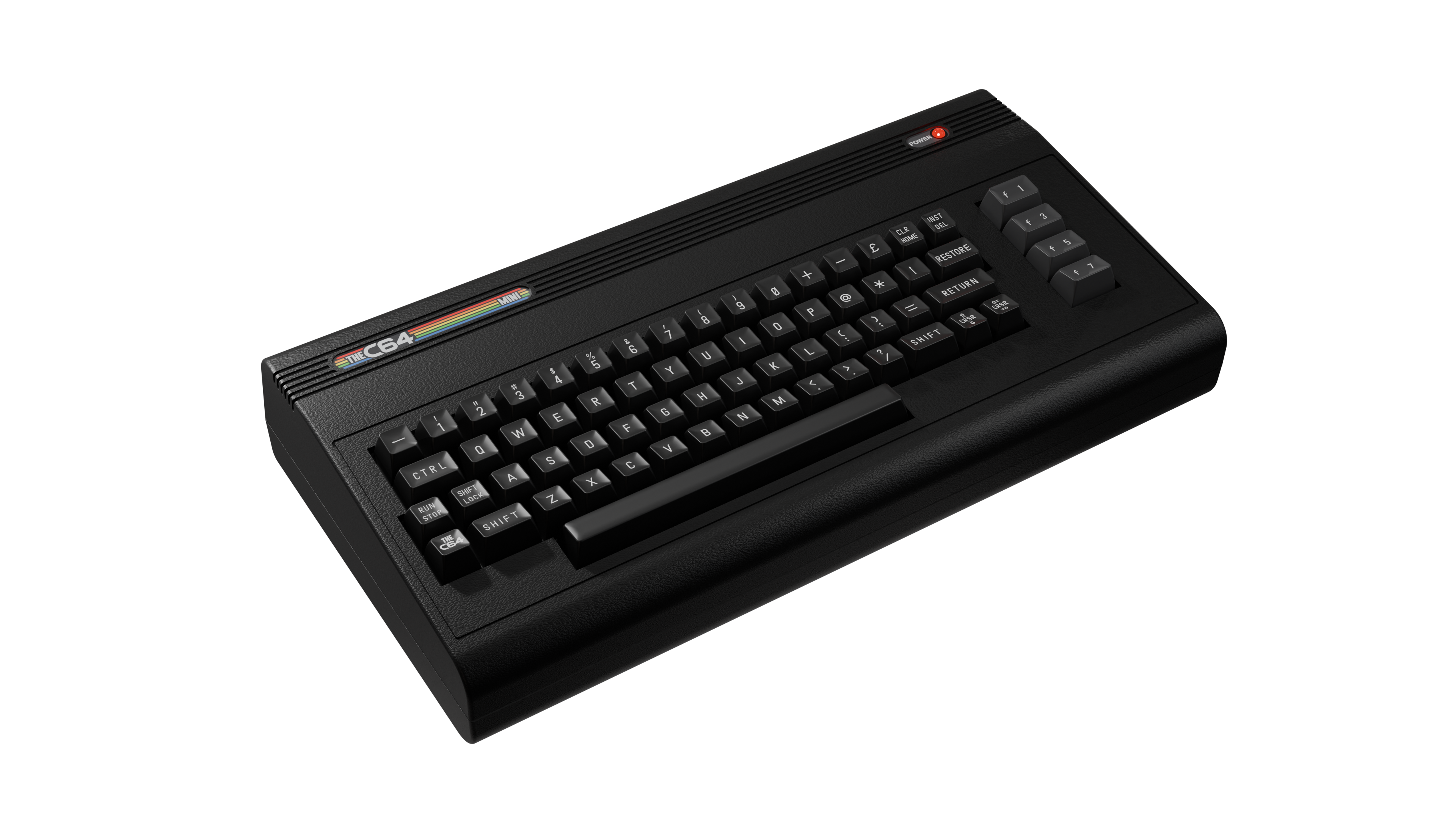 Czarny komputer Commodore 64. Klawiatura jest na pierwszym planie z klawiszami i logo w lewym górnym rogu.