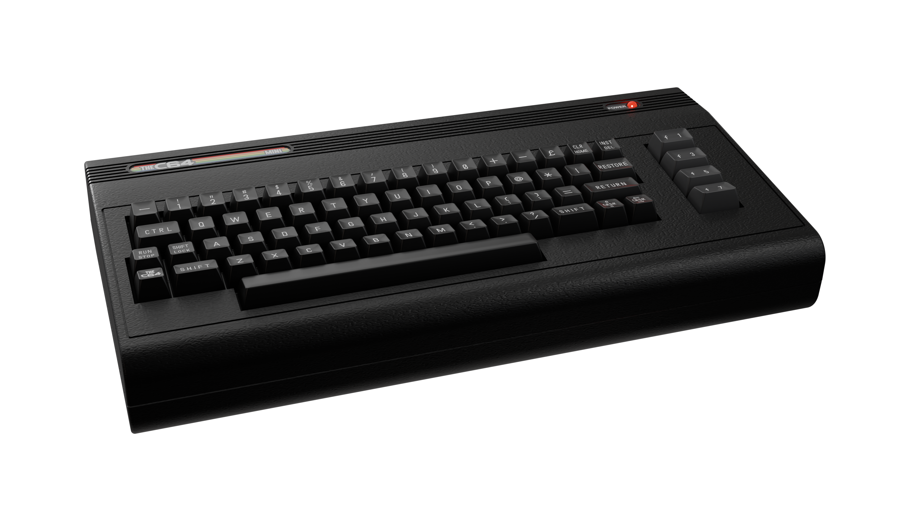 Czarna klawiatura komputera retro z białymi klawiszami i czerwoną lampką zasilania. The C64 Mini, klasyczny komputer.
