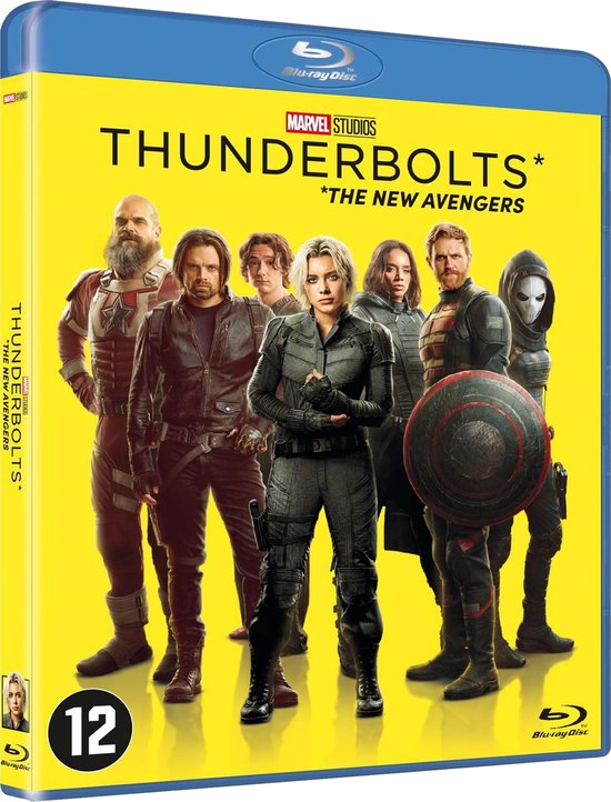 Blu-ray-cover voor 'Thunderbolts'. Groep helden tegen gele achtergrond. Bevat personages, titel en classificatie.