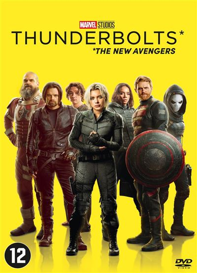 Poster voor Marvel's Thunderbolts-film met een groep verklede personages op een gele achtergrond, met de titel bovenaan.