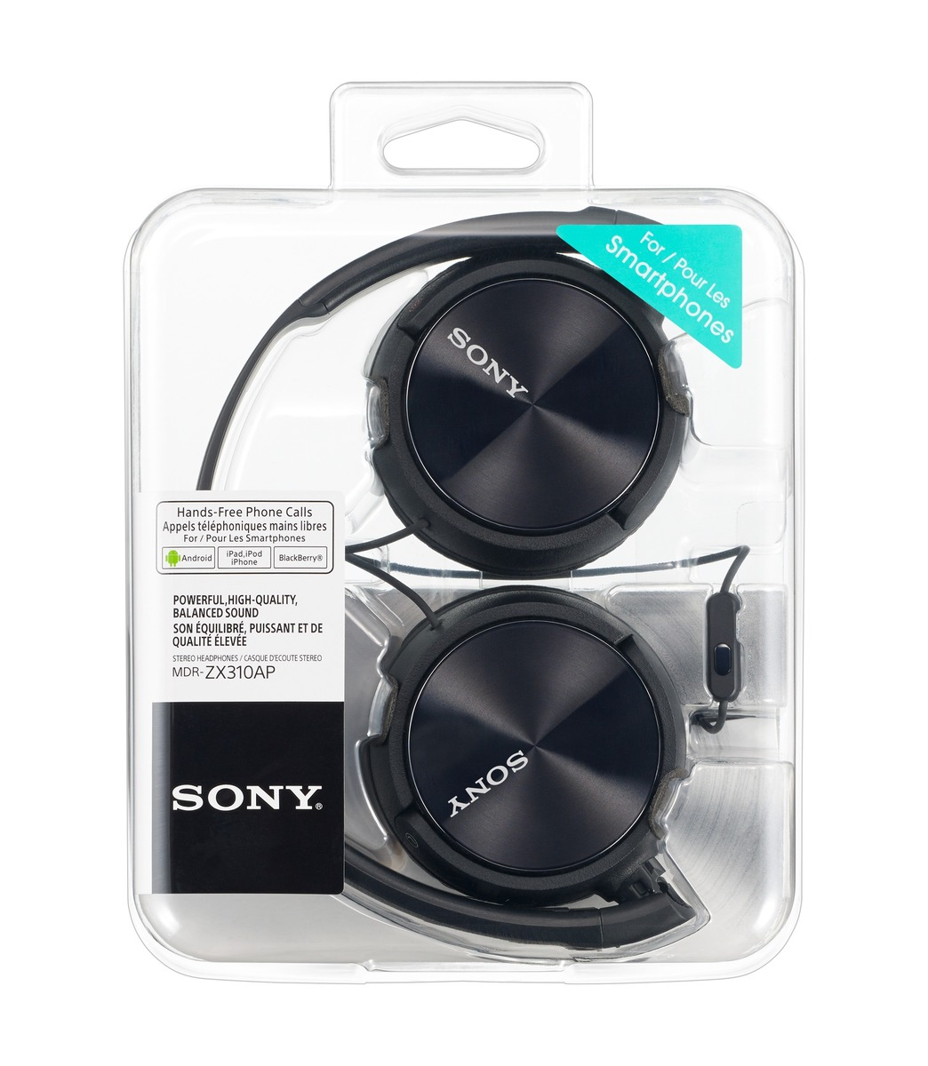 Black headphones in a plastic case. The box has the Sony logo and text. The headphones are for smartphones.
