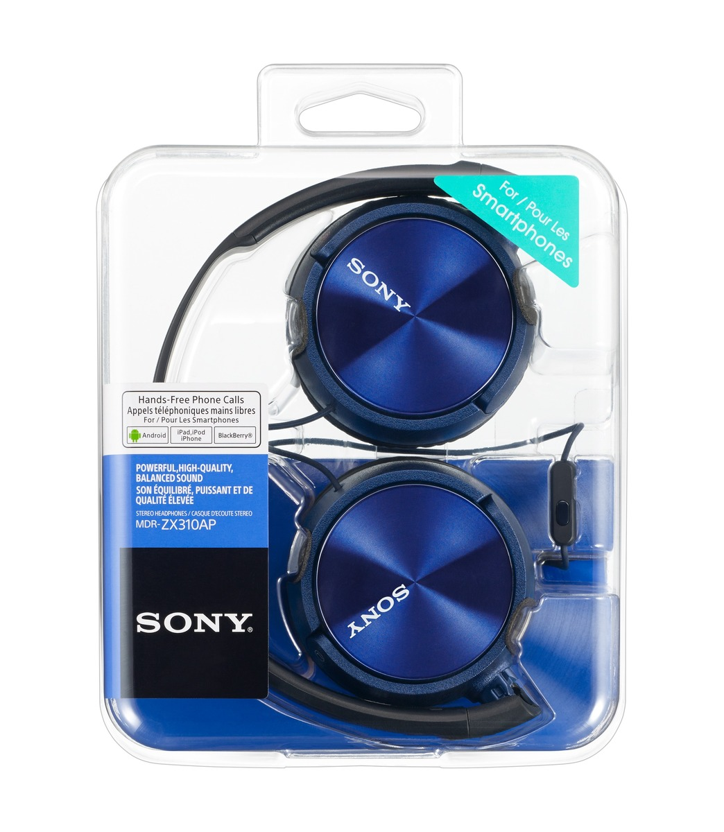 Blue Sony headphones in a clear plastic package. The packaging has text in English and French.