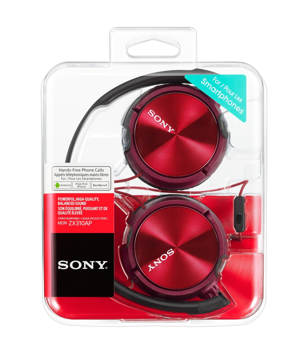 Rode Sony koptelefoon in plastic verpakking. Tekst bevat 'Handsfree' en 'Voor Smartphones'. De koptelefoon is MDR-ZX310AP.