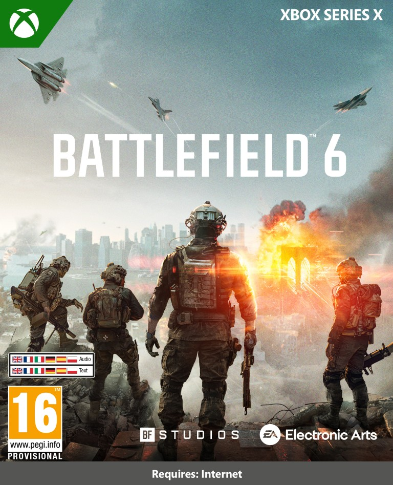 Okładka gry Battlefield 6. Żołnierze w strojach bojowych, odrzutowce na niebie i miasto w tle. Widoczne logo Xbox Series X.