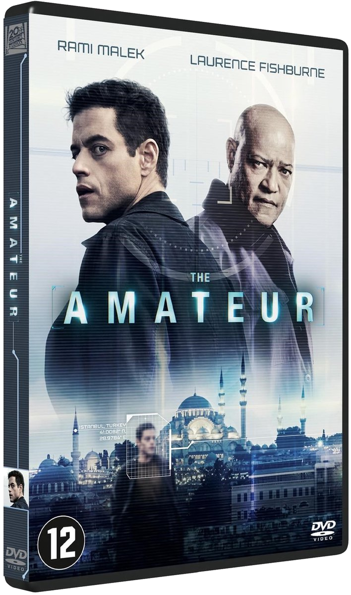DVD cover for "The Amateur." Rami Malek and Laurence Fishburne are featured. Istanbul is in the background. Rating is 12.