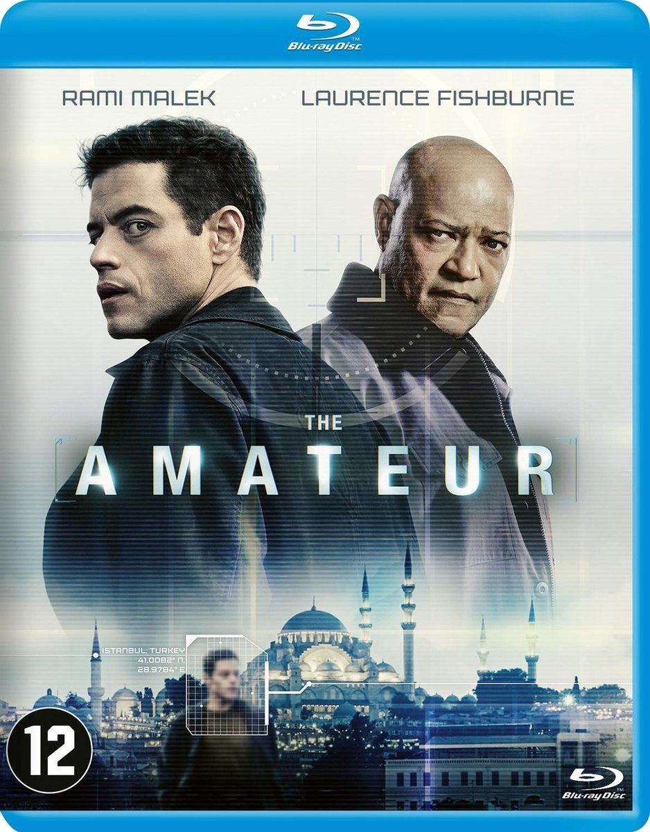 Blu-ray cover for The Amateur. Rami Malek and Laurence Fishburne are featured. The title is in white, with a cityscape in the background.