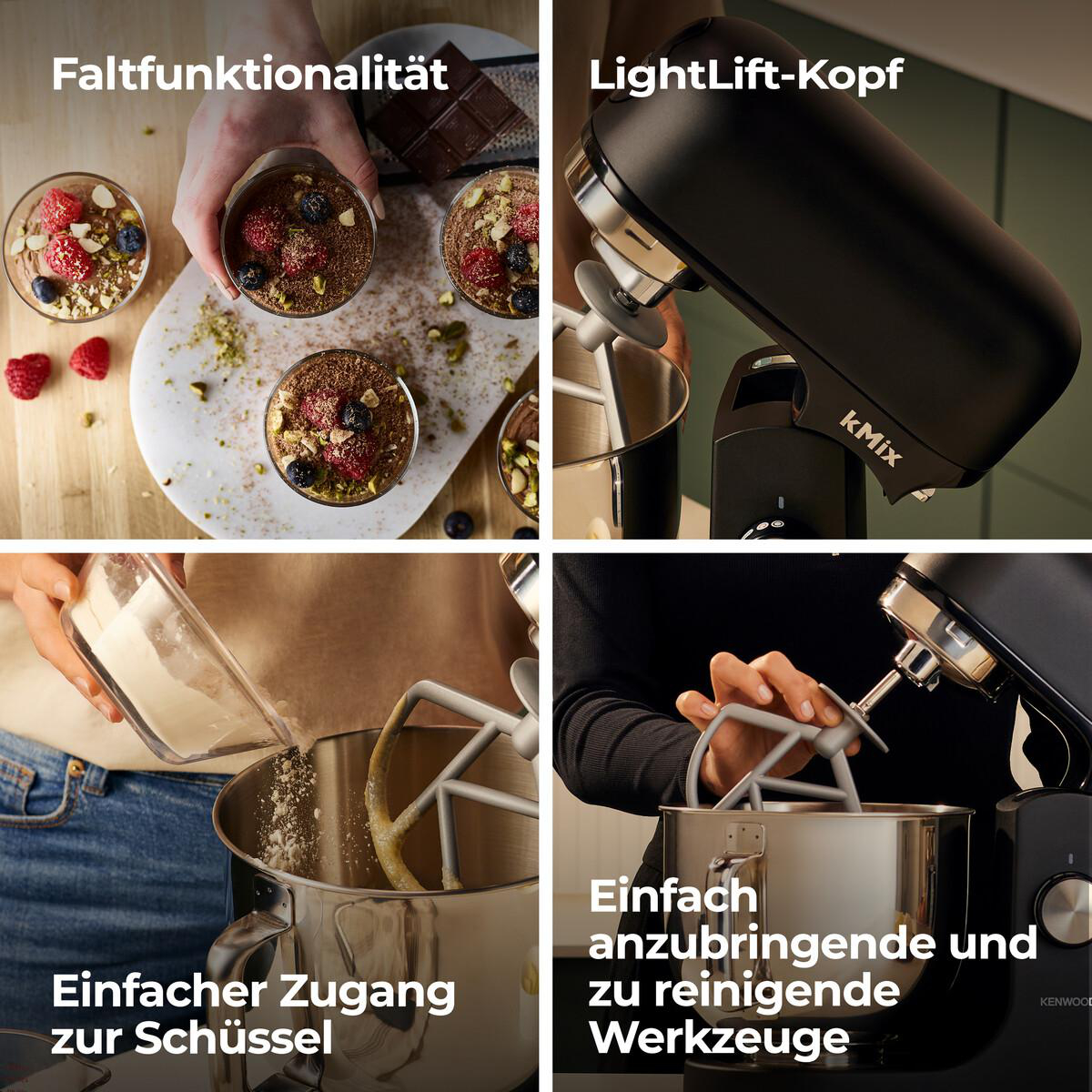 Vier Bilder, die einen Foodprocessor demonstrieren. Oben links: Desserts. Oben rechts: Mixer. Unten links: Mehl hinzufügen. Unten rechts: Reinigen.