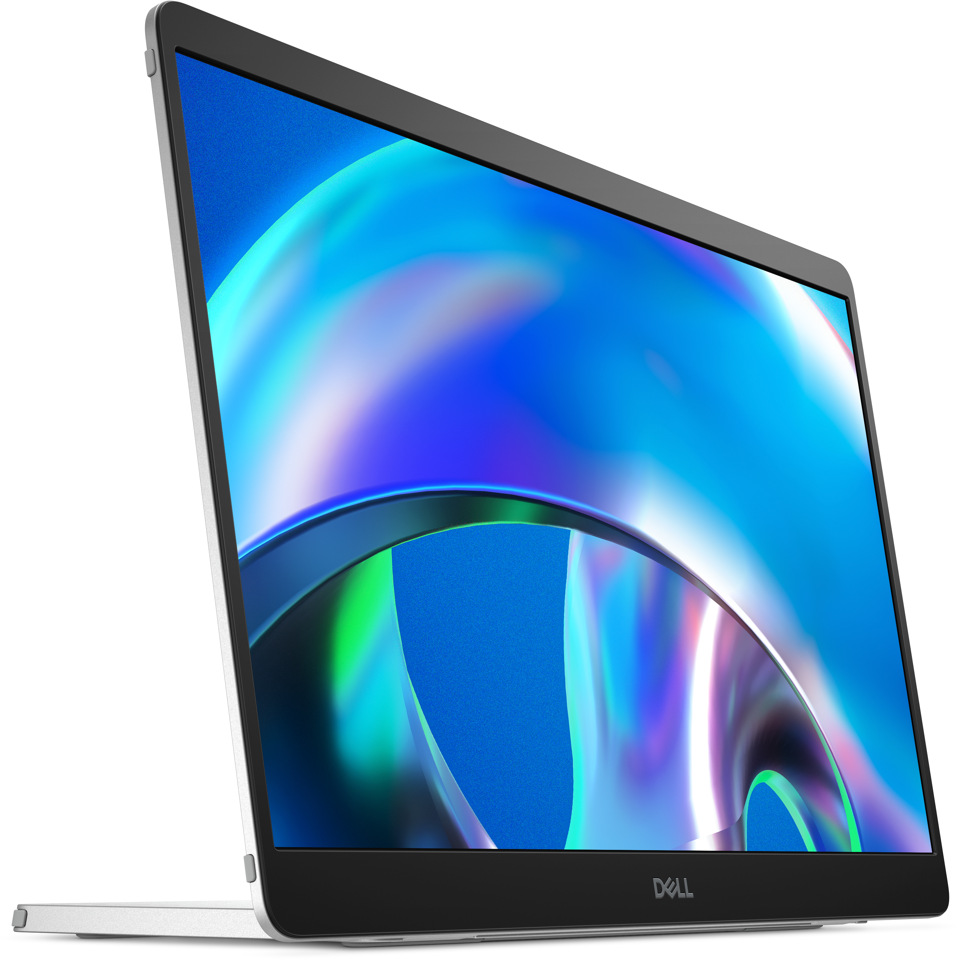 Ein Laptop mit silbernem Rahmen und einem Bildschirm, der blaue und grüne abstrakte Kunst zeigt, das Dell-Logo ist sichtbar.