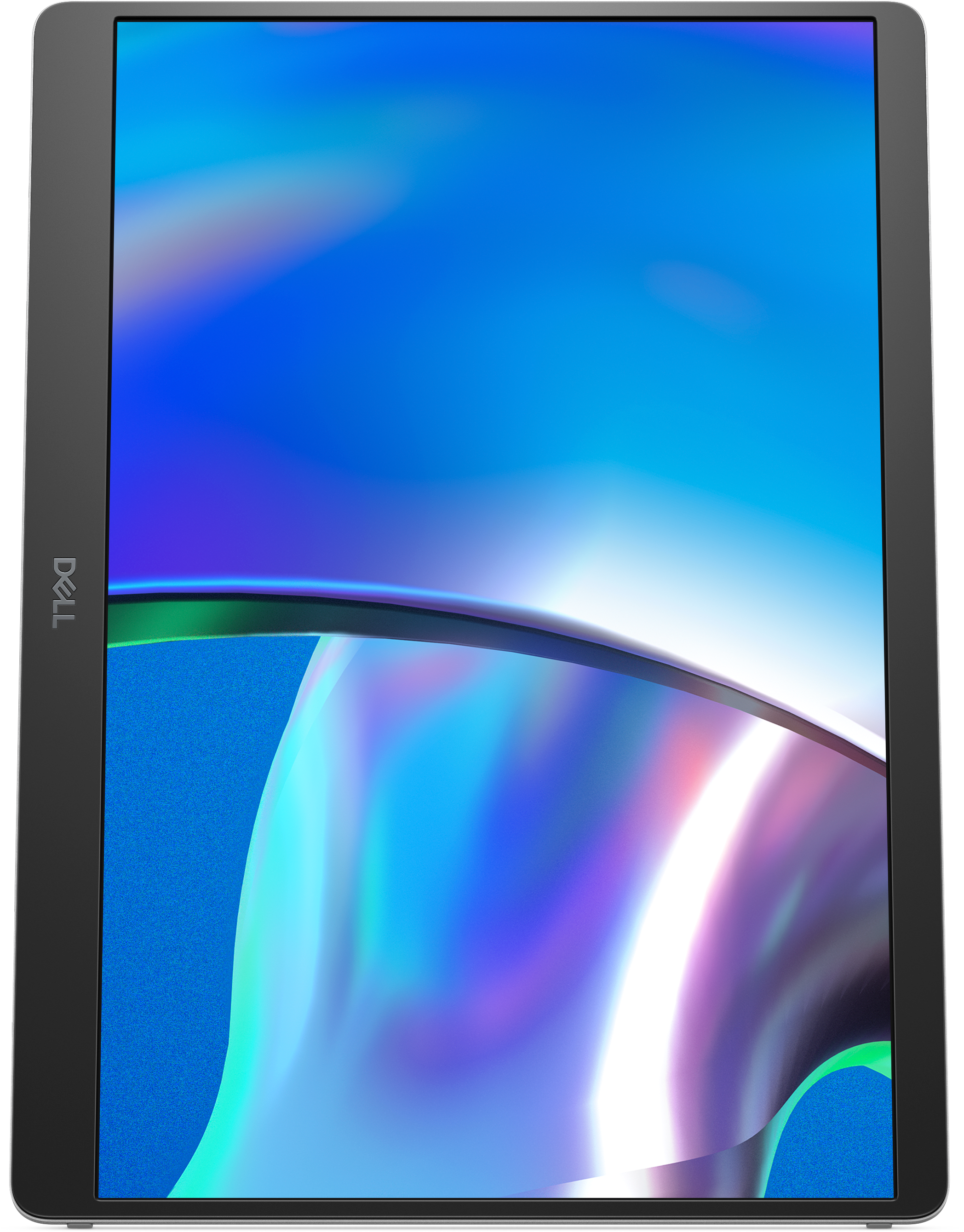 Ein Dell-Tablet zeigt ein abstraktes Bild mit blauen, weißen und grünen Farbtönen. Das Tablet ist schwarz mit dem Dell-Logo.