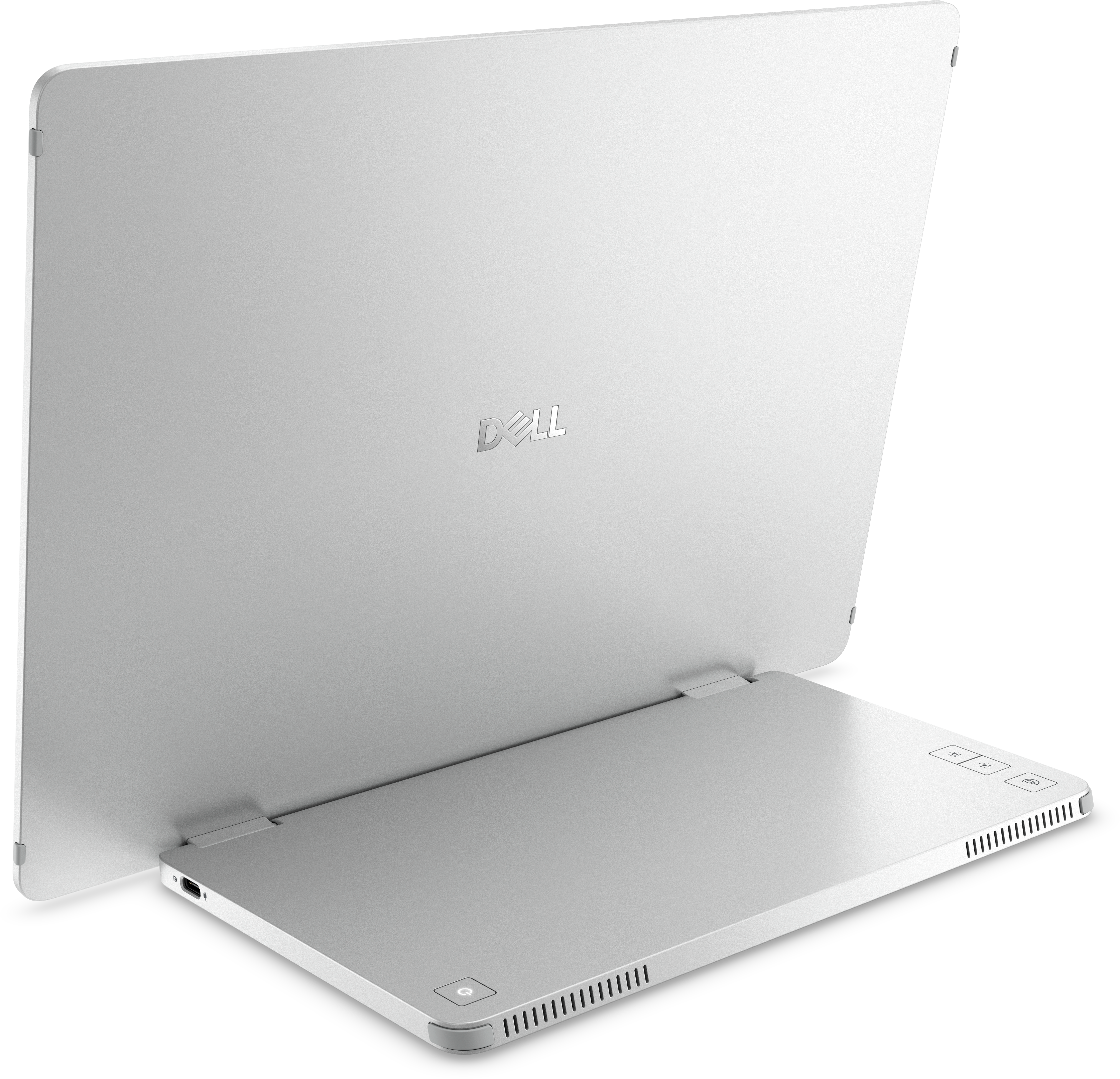 Ein silberner Dell-Laptop ist leicht geöffnet. Das Dell-Logo ist auf der Rückseite sichtbar. Der Laptop befindet sich auf weißem Hintergrund.