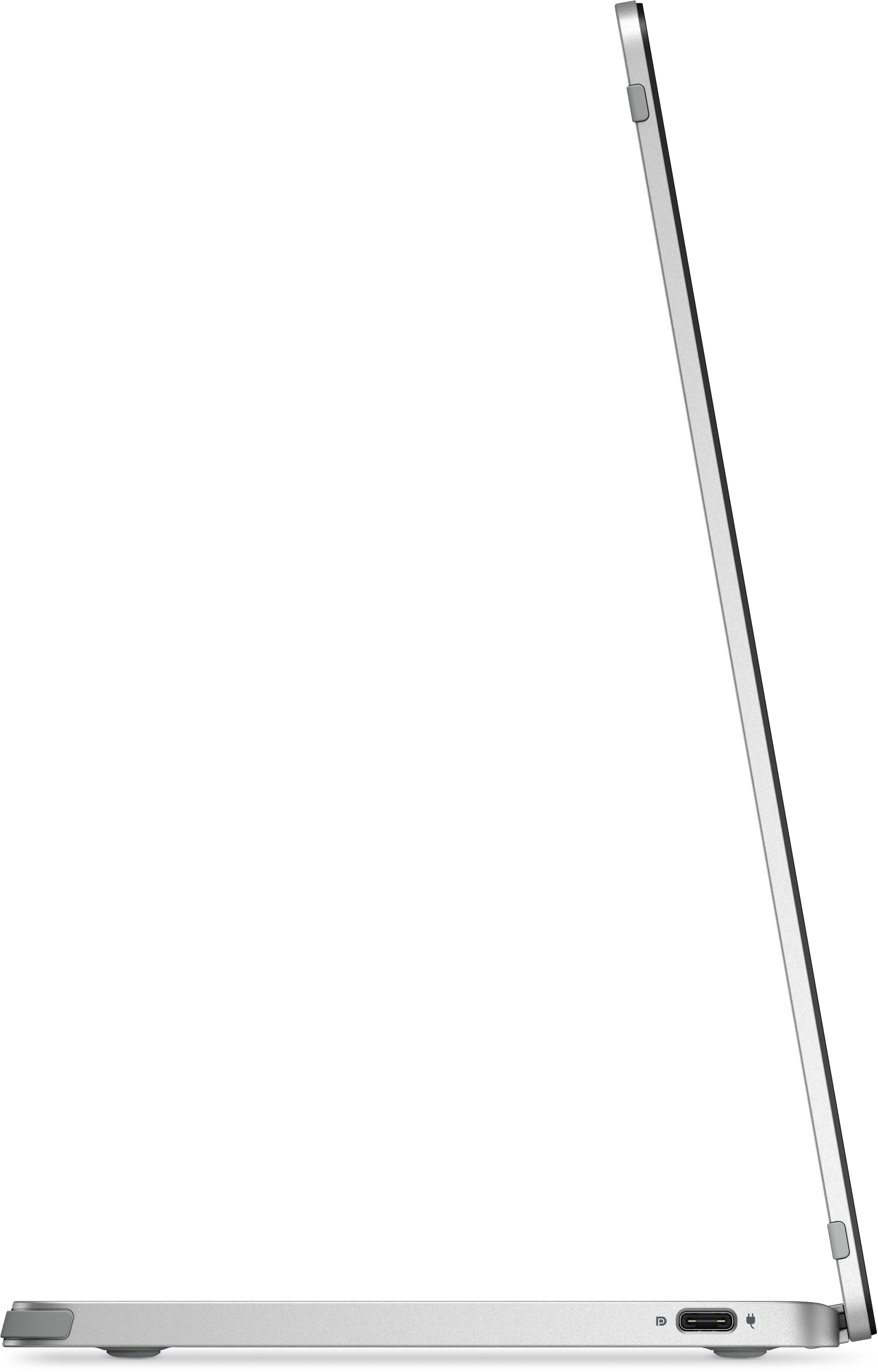 Seitenansicht eines silbernen Laptops. Der Bildschirm ist geöffnet und zeigt Anschlüsse. Auf schwarzem Hintergrund.