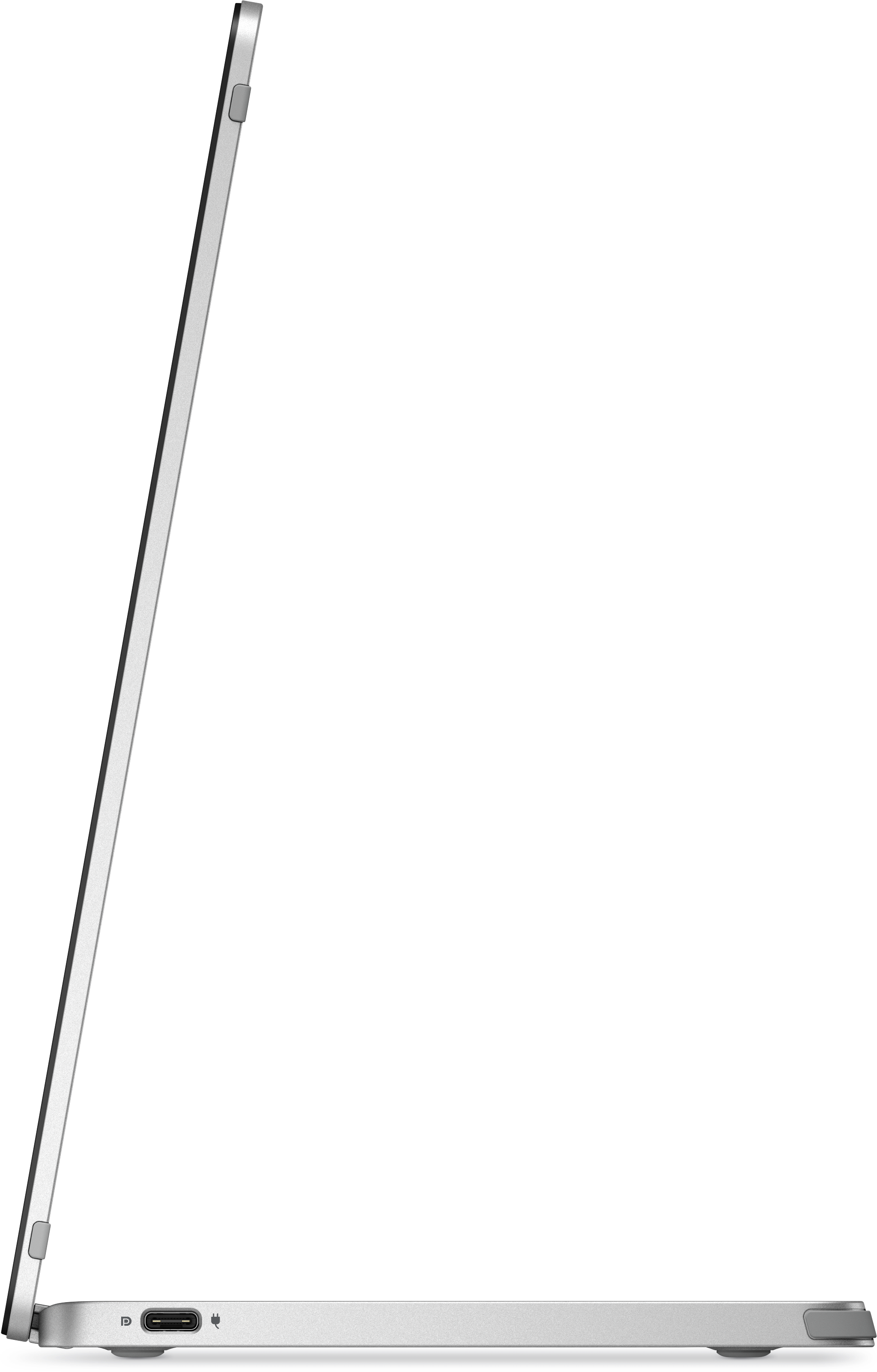 Seitenansicht eines silbernen Laptops auf schwarzem Hintergrund. Zeigt Bildschirm, Scharnier und Anschlüsse.
