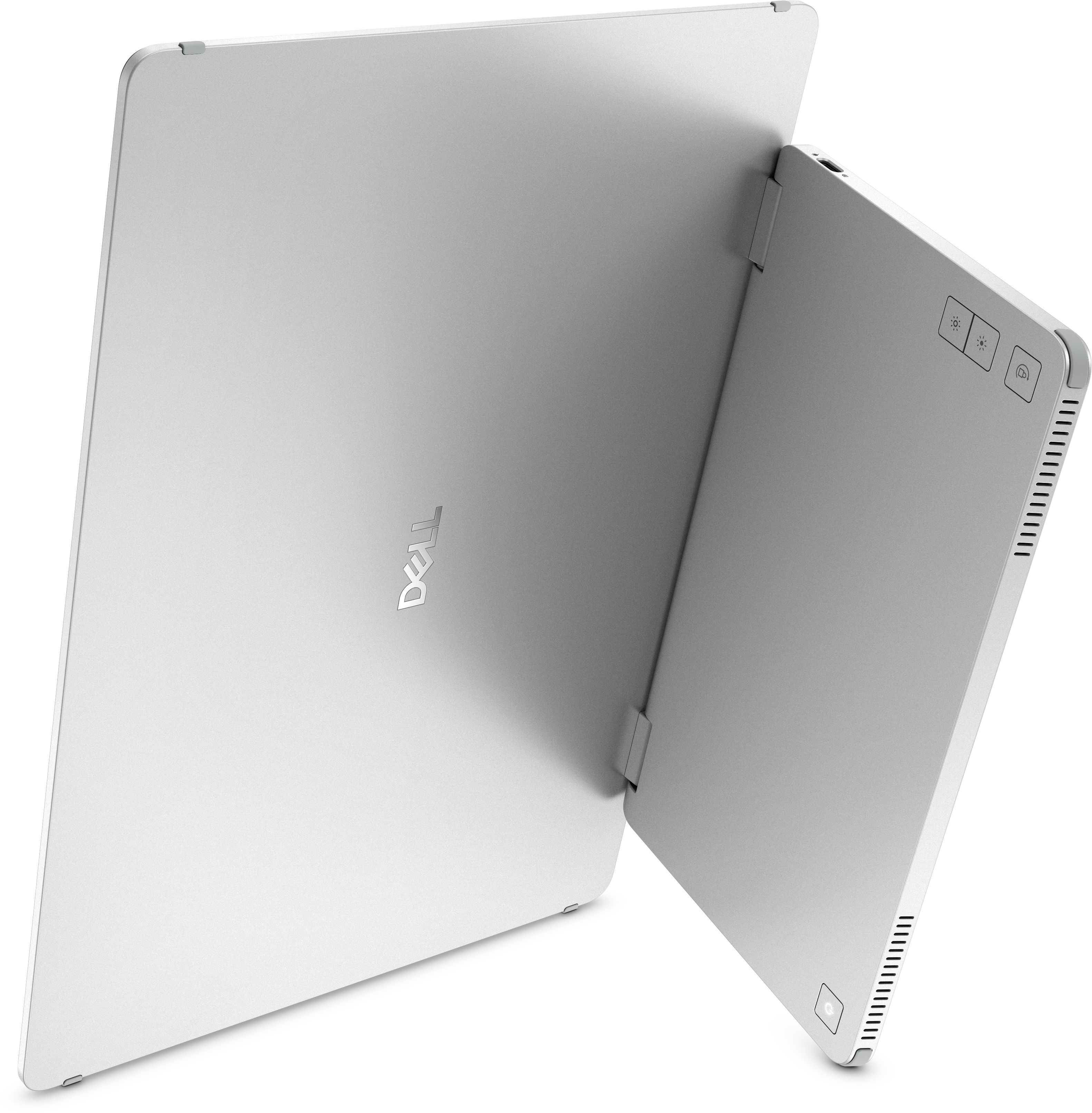 Ein silberner Dell-Laptop ist geöffnet. Der Bildschirm ist nach rechts abgewinkelt. Das Dell-Logo ist sichtbar.