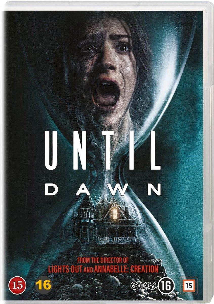 Couverture du film 'Until Dawn'. Une femme crie dans un sablier. Une maison hantée en bas, avec texte et classifications.