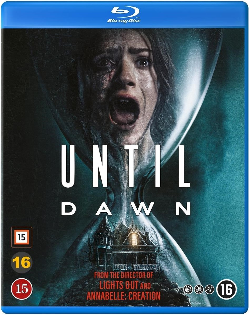 Couverture Blu-ray pour 'Until Dawn'. Une femme crie dans un sablier. En dessous, une maison hantée est présentée.