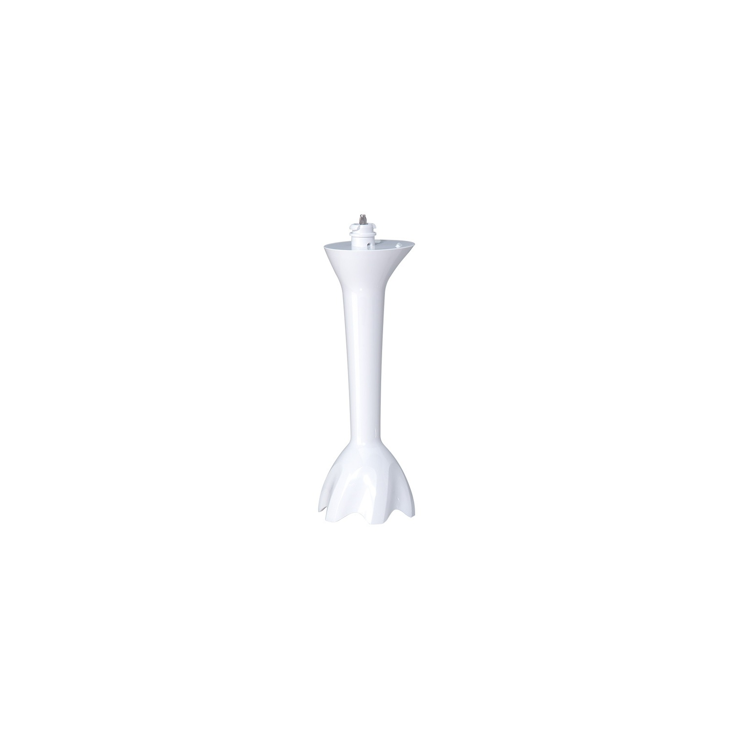 Een witte opzet voor een staafmixer. De mixer staat op een witte achtergrond. De opzet heeft een mes en een lange handgreep.