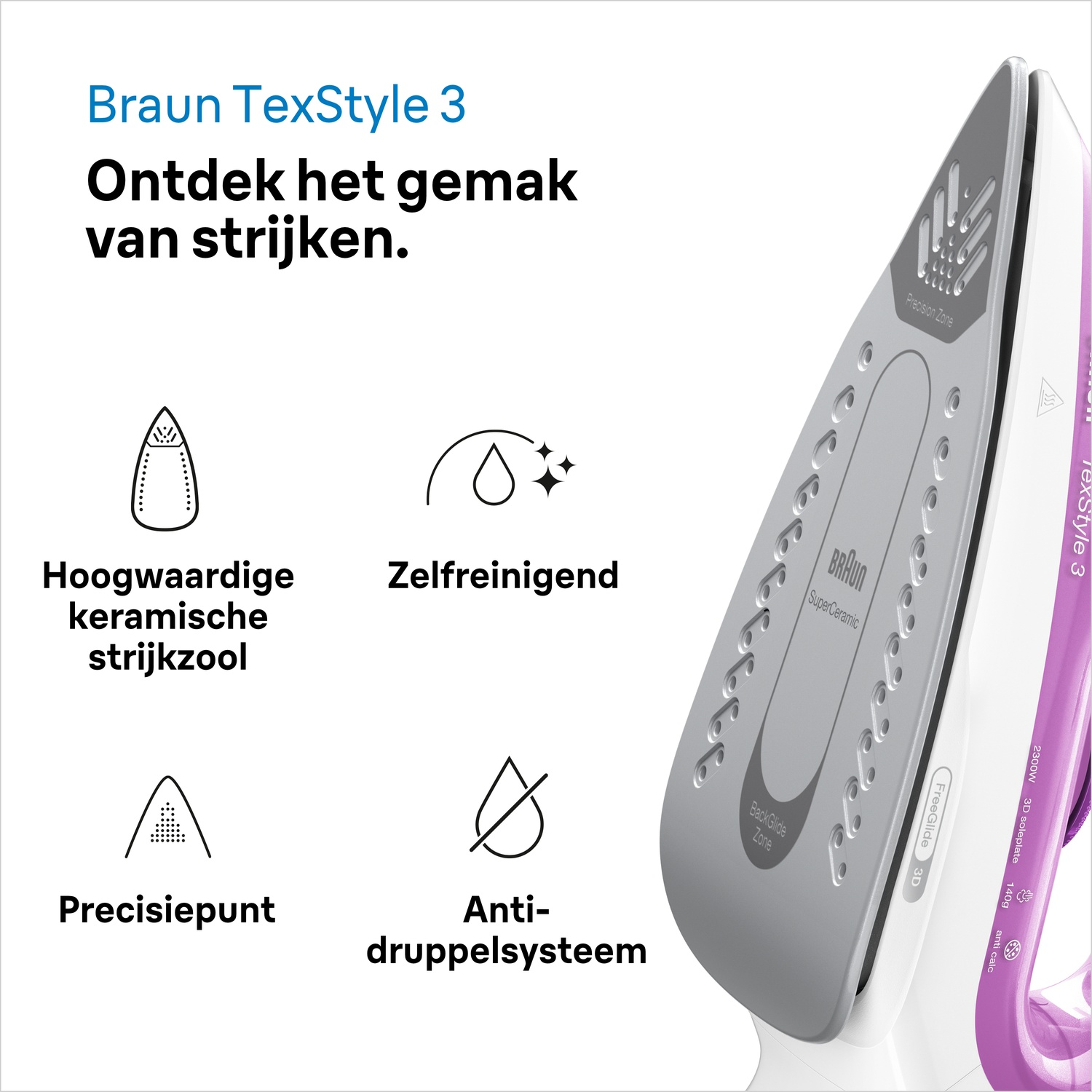 Een wit en paars Braun TexStyle 3 strijkijzer. Kenmerken: keramische zool, zelfreinigend, precisiepunt en anti-druppelsysteem.