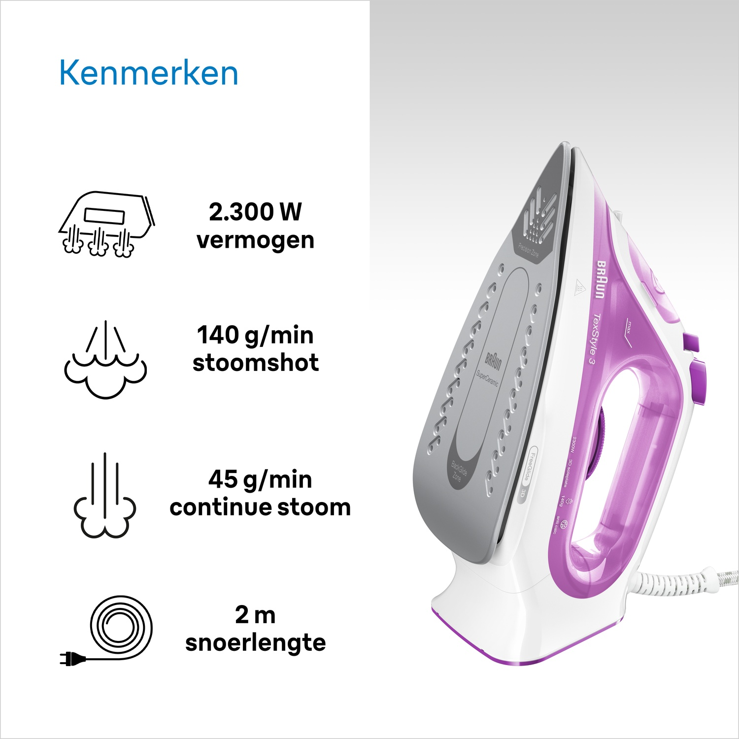 Een wit en paars Braun TexStyle 3 strijkijzer met functies: 2.300 W vermogen, 140 g/min stoomstoot, 45 g/min continue stoom en 2 m snoer.
