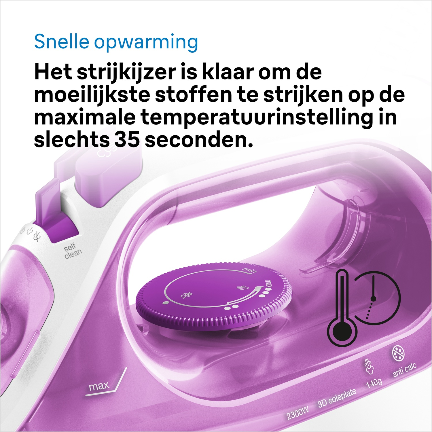 Een paarse strijkijzer met witte details. Het heeft een temperatuurknop en een timer. Tekst zegt 'snel opwarmen' en '35 seconden'.