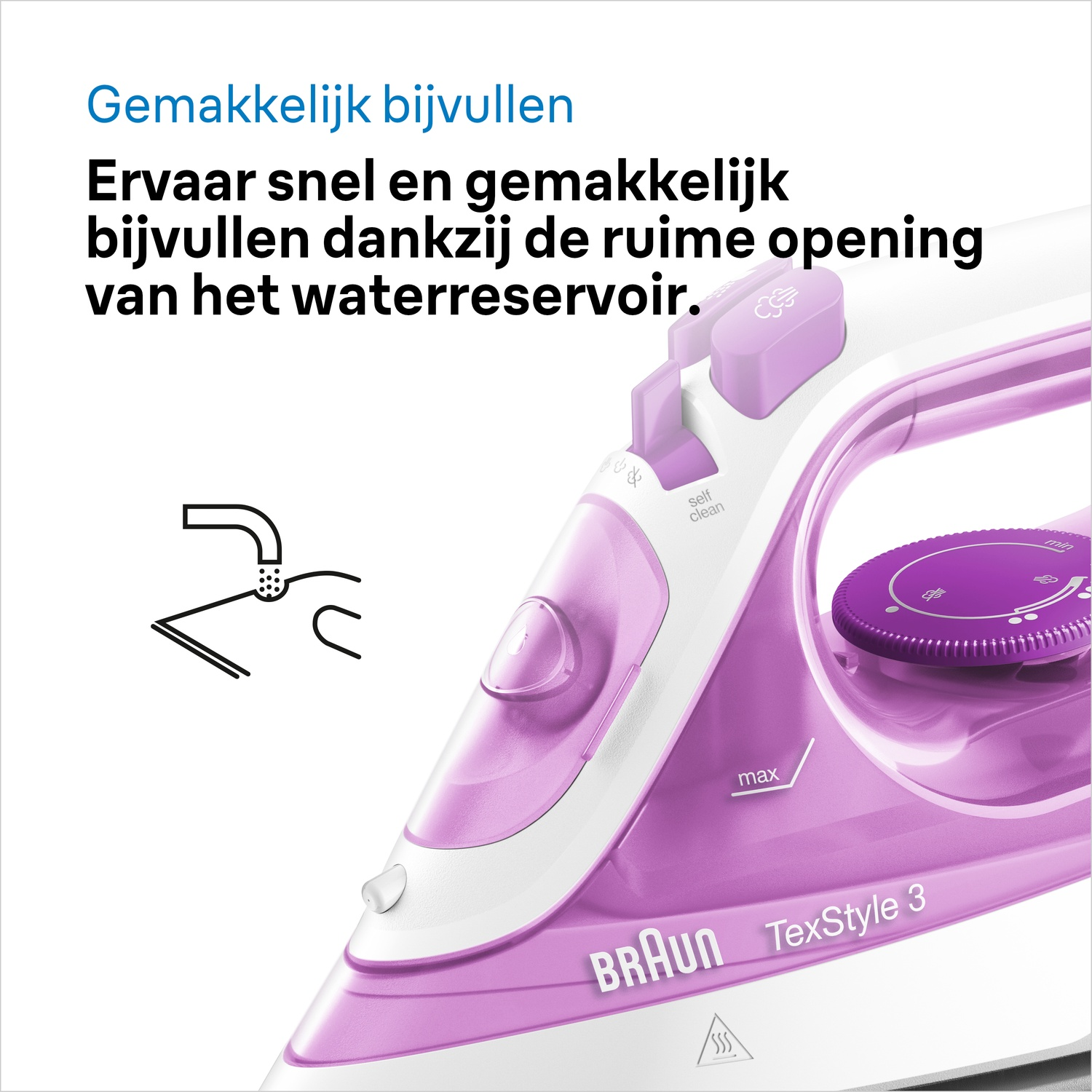 Een roze en wit Braun strijkijzer. Het heeft een paarse draaiknop en knoppen. Tekst: 'Gemakkelijk bijvullen' en 'TexStyle 3'.