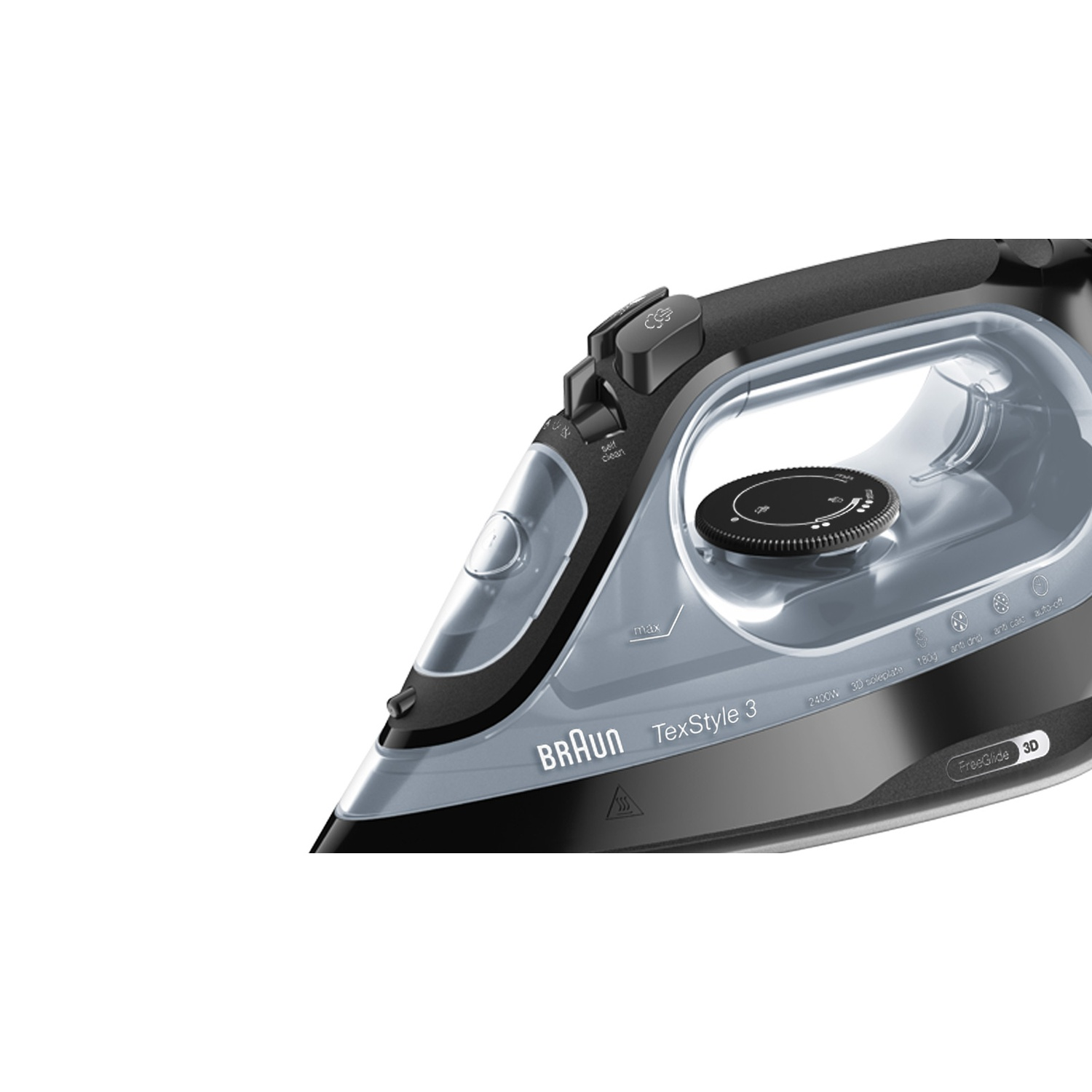 Un fer à repasser Braun TexStyle 3 noir et gris. Il possède un réservoir d'eau, des commandes de température et une semelle FreeGlide 3D.