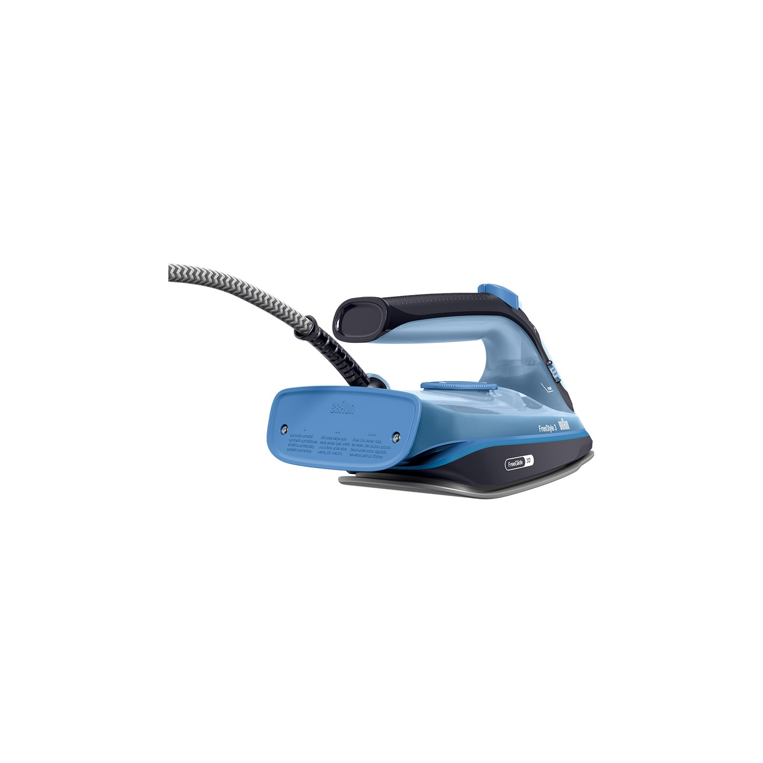 Un fer à repasser Braun bleu et noir avec un cordon gris. Le fer a un design incurvé et repose sur un fond blanc.