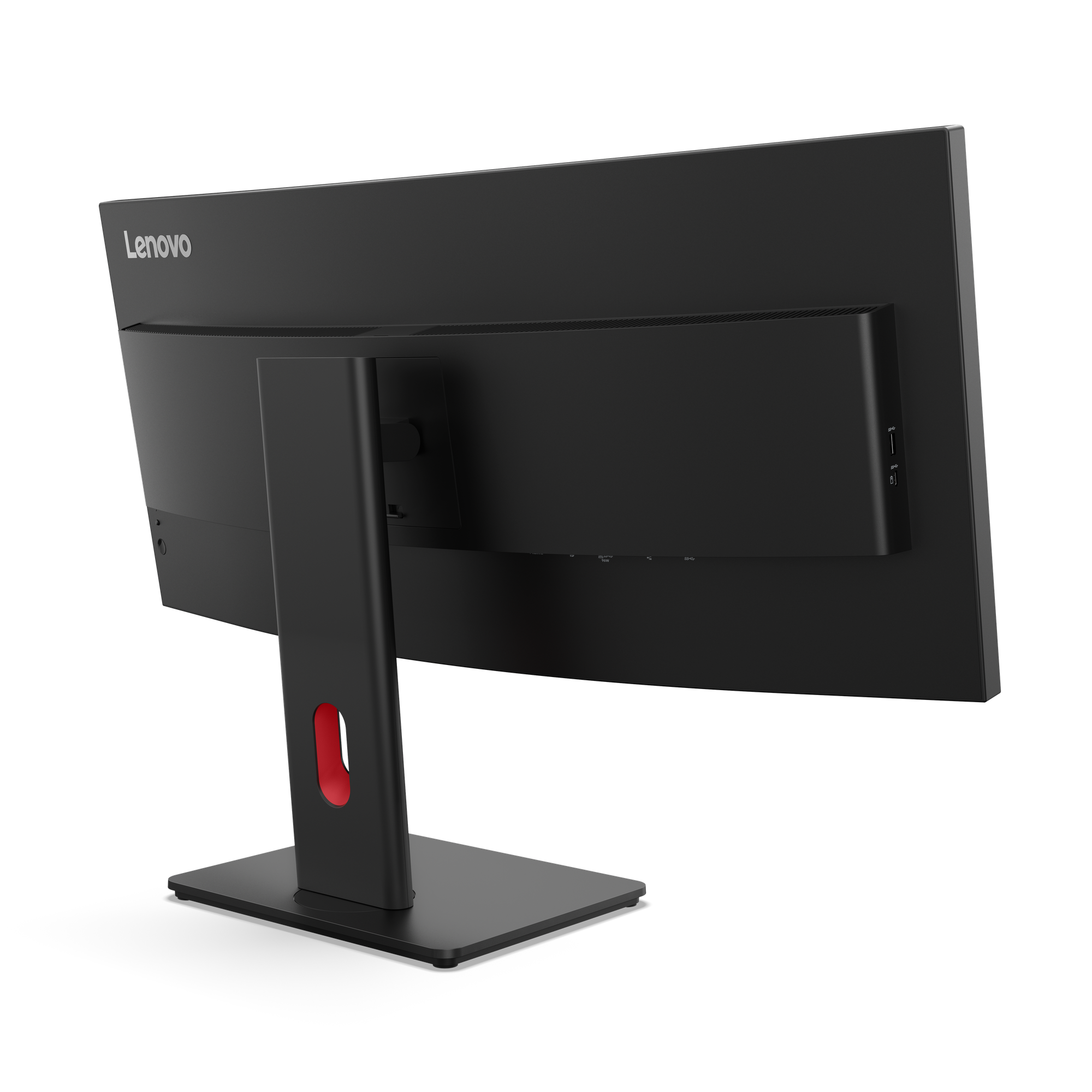 Rückansicht eines schwarzen Lenovo-Monitors. Er hat einen Ständer mit rotem Akzent. Der Monitor steht auf einer schwarzen Oberfläche.